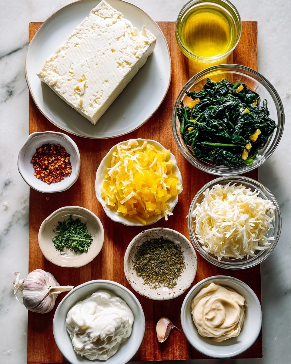 The image shows several small white bowls and a clear glass bowl with different ingredients arranged on a wooden cutting board placed on a white marbled surface. There is a large block of white tofu on a white plate near the top left, next to a small glass container filled with light yellow oil or liquid. Beside it is a clear glass bowl with dark green cooked spinach. In front of these, there is a white bowl filled with shredded white cheese, next to another white bowl holding chopped yellow peppers. To the left, another small white bowl contains chopped green herbs, and a small dish has red chili flakes. There are two cloves of garlic on the surface near a small glass bowl with minced garlic. At the bottom, two white bowls have dollops of thick white and beige creams. Everything is lit softly with clear detail, photo taken with an iphone --ar 4:5 --v 7
