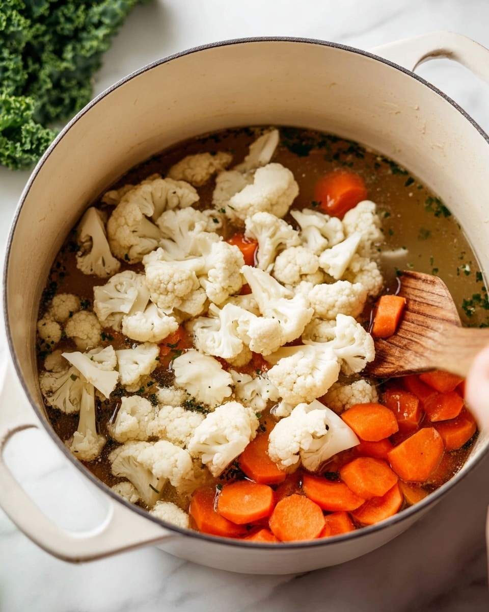 A white cooking pot sits on a white marbled surface filled with a mixture of cut cauliflower and sliced carrots in a clear broth with visible herbs floating around. The cauliflower pieces are white with a slightly rough texture, scattered and layered mostly on the surface. The carrots are bright orange and are cut into small, thick slices clustered together on one side. A wooden spatula rests inside the pot, with a woman's hand holding it, stirring the vegetables gently. In the background, there is some green leafy kale slightly out of focus. Photo taken with an iphone --ar 4:5 --v 7