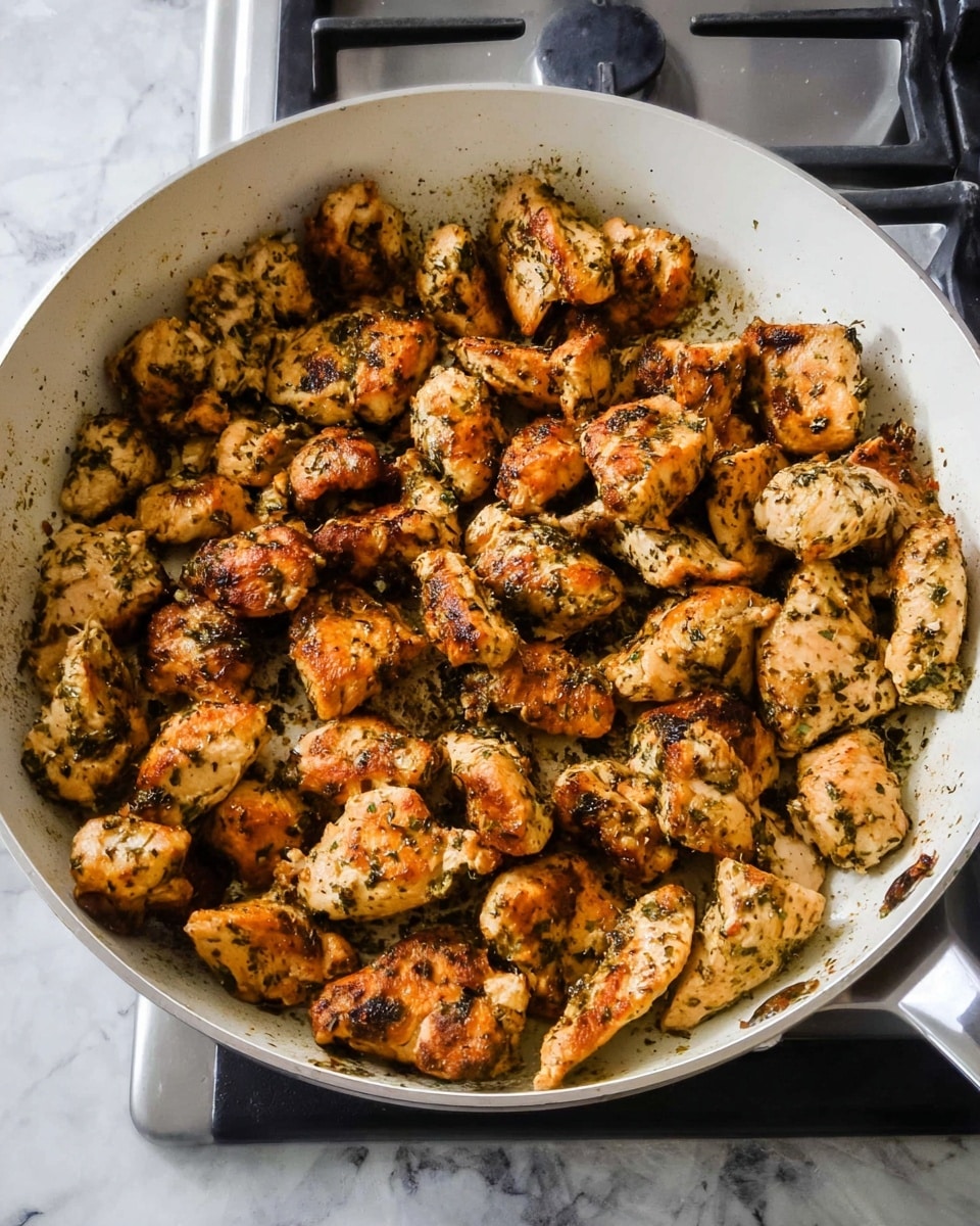 The image shows a white pan filled with medium-sized chunks of cooked chicken pieces. The chicken is golden brown with a mix of light and darker brown shades, covered with green and black herb specks giving it a textured look. The pan handle is visible on the right side, and the pan sits on a stove with gray burner grates. The background surface is a white marbled texture. photo taken with an iphone --ar 4:5 --v 7