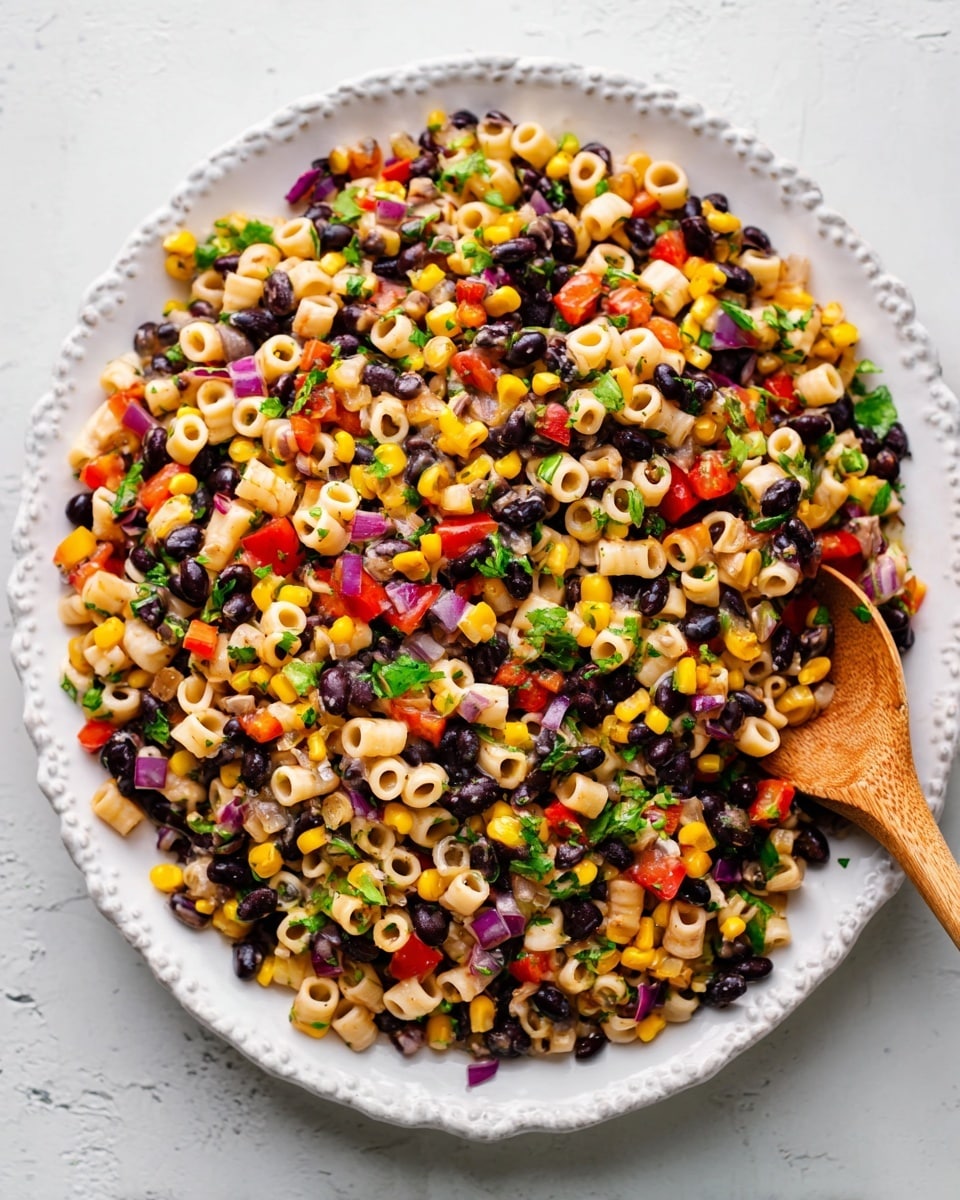 A white scalloped plate is filled with a colorful mix of small pasta tubes, black beans, corn kernels, red and green bell pepper pieces, and chopped red onion, all mixed with finely chopped green herbs. The ingredients create a vibrant pattern with yellow, black, red, green, and purple colors evenly spread. A wooden spoon is partially visible stirring the mixture from the right side of the plate. The whole dish sits on a white marbled textured surface. photo taken with an iphone --ar 4:5 --v 7