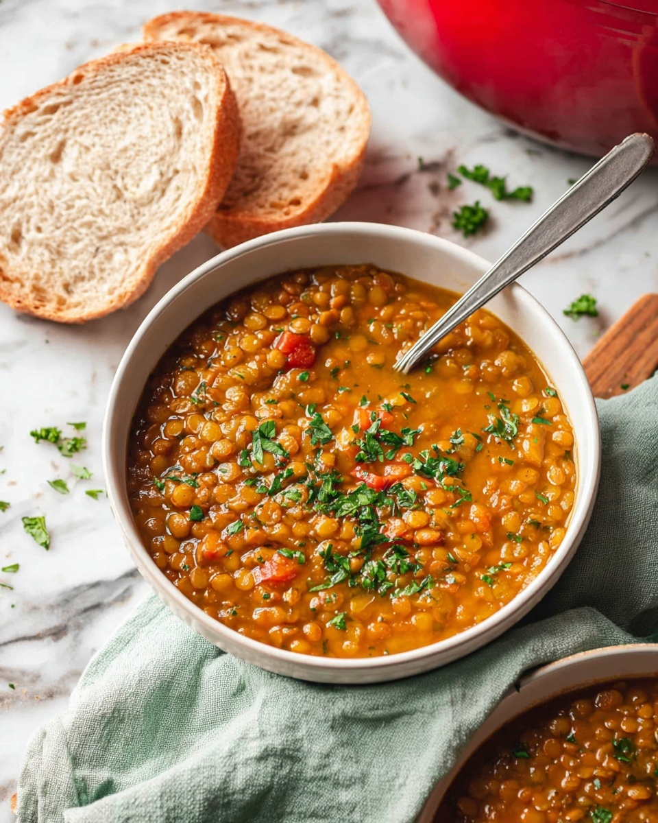 A white bowl filled with thick, brownish-orange lentil soup that has small green leaves sprinkled on top as garnish. The soup contains visible lentils and pieces of red vegetables. A silver spoon rests inside the bowl on the right side. Beside the bowl, there are two thick slices of light brown crusty bread resting on a pale green cloth. The setting is on a white marbled surface with some green herb leaves scattered around and a red pot partially seen at the top right corner. Photo taken with an iphone --ar 4:5 --v 7