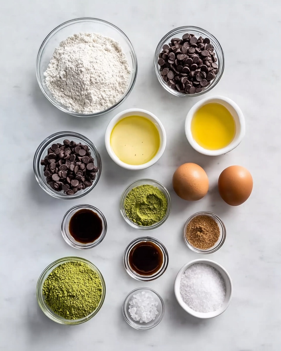 This image shows eleven small glass and white bowls arranged neatly on a white marbled surface. Each bowl holds a different ingredient: white flour with a soft powdery texture, bright yellow melted butter with a smooth surface, dark chocolate chips that are shiny, tiny dark chocolate chunks that are matte, two brown eggs sitting together, white granulated sugar, vibrant green matcha powder with fine texture, dark vanilla extract with a glossy finish, light brown soft brown sugar, white coarse salt crystals, and clear liquid salt or water. The bowls are positioned in a balanced way with no overlapping ingredients visible. The lighting is bright and natural. photo taken with an iphone --ar 4:5 --v 7