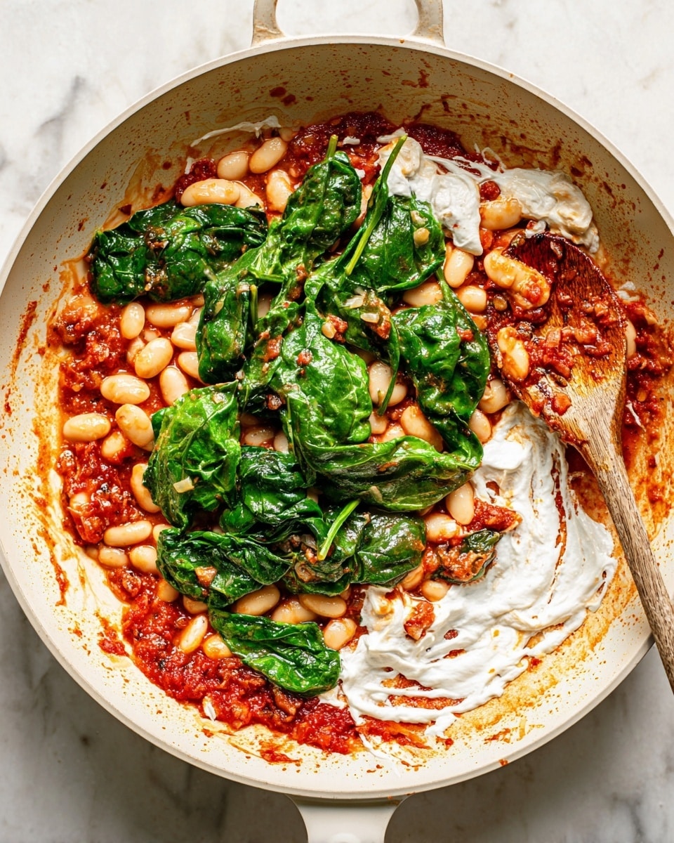 A white pan filled with a mix of three main layers: the bottom layer is a red tomato sauce with small bits of herbs, the middle layer consists of white beans scattered evenly, and the top layer is fresh dark green spinach leaves mixed throughout. Swirls of white creamy sauce are spread unevenly over the beans and spinach. On the right side of the pan lies a wooden spoon resting inside, coated lightly with the red sauce. The pan is placed on a white marbled surface. photo taken with an iphone --ar 4:5 --v 7