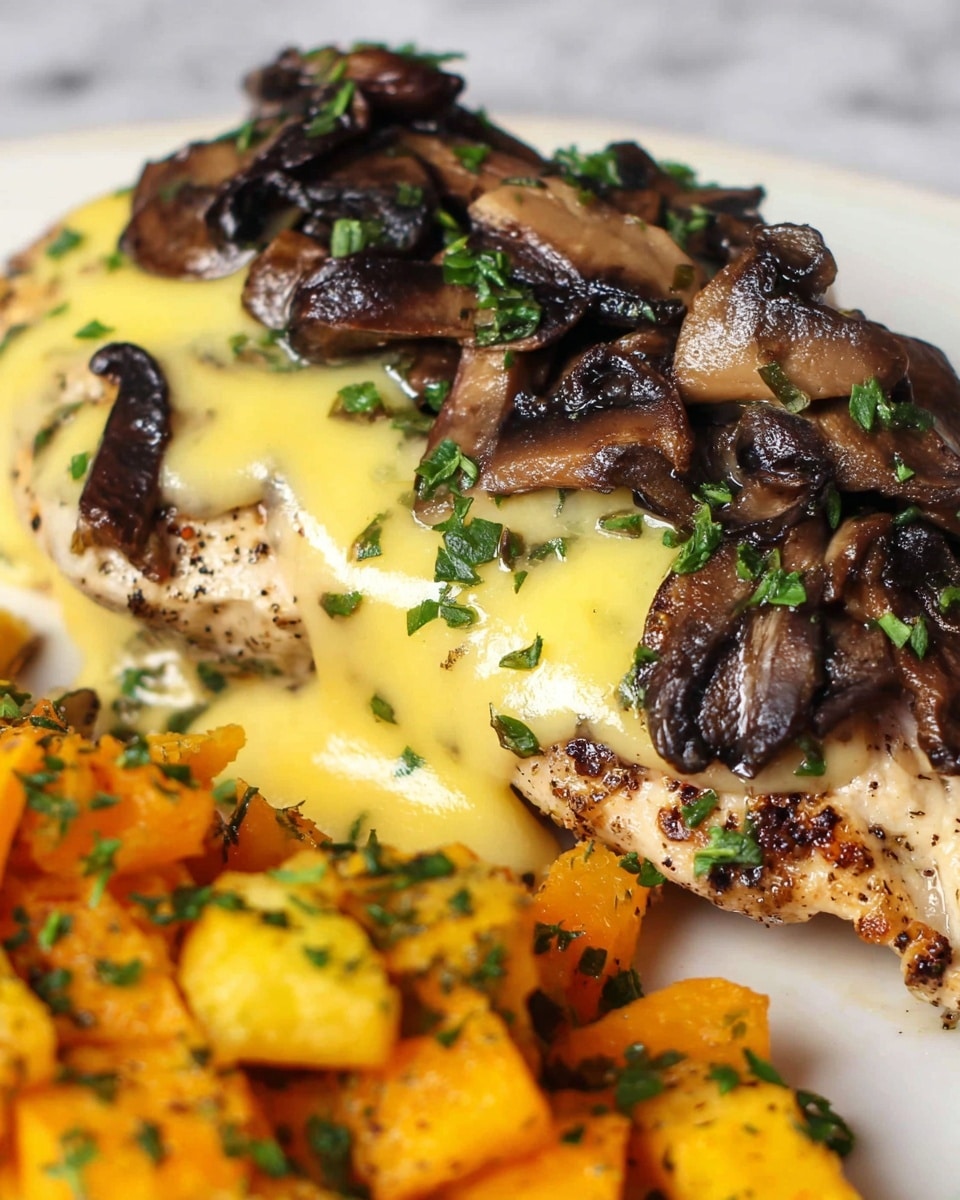The dish shows one main piece of grilled chicken with visible black pepper and herbs on its light beige surface as the base layer. On top of the chicken is a thick layer of bright yellow melted cheese that stretches slightly and looks creamy. Covering the cheese and chicken are dark brown cooked mushrooms with some green herb bits scattered over them. At the front, part of the plate holds a portion of golden orange diced roasted potatoes sprinkled with small green herbs. The food sits on a white plate with a white marbled surface background. photo taken with an iphone --ar 4:5 --v 7