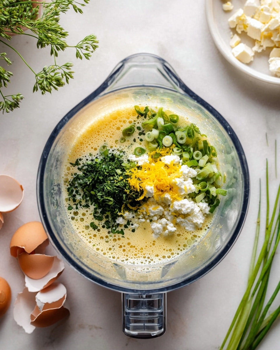 A clear blender jar is filled with four main layers of ingredients from an overhead view. The bottom layer is a pale yellow liquid with bubbles, likely beaten eggs. On top of this is a small pile of bright yellow lemon zest near the center. To the left of the zest is a large cluster of finely chopped dark green herbs. To the right, there is crumbled white feta cheese and bright green sliced scallions, both sitting side by side. Around the blender, on a white marbled surface, there are light brown and white broken eggshells in a container to the left, scattered green scallion slices, and a white dish with soft cheese in the upper right corner. Some fresh green herb sprigs are visible at the top edge of the image. photo taken with an iphone --ar 4:5 --v 7