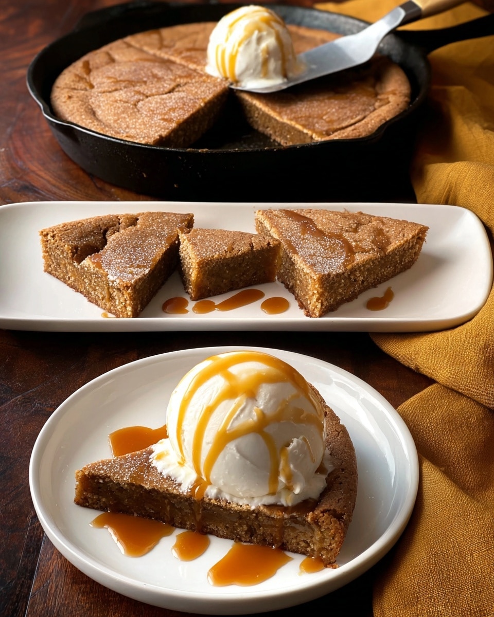 The image shows a thick, soft brown cake sliced into triangular pieces. Three of these pieces are laid flat on a long white rectangular plate, while the rest of the cake sits in a black skillet in the background. One slice is being lifted from the skillet with a spatula held by a woman's hand. In the foreground, a single slice is served on a small white plate, topped with a large scoop of creamy white ice cream with a smooth texture, drizzled with golden caramel sauce. Additional caramel sauce pools around the slice on the plate. The setting includes a dark wooden table and a golden brown cloth napkin on the right side. photo taken with an iphone --ar 4:5 --v 7