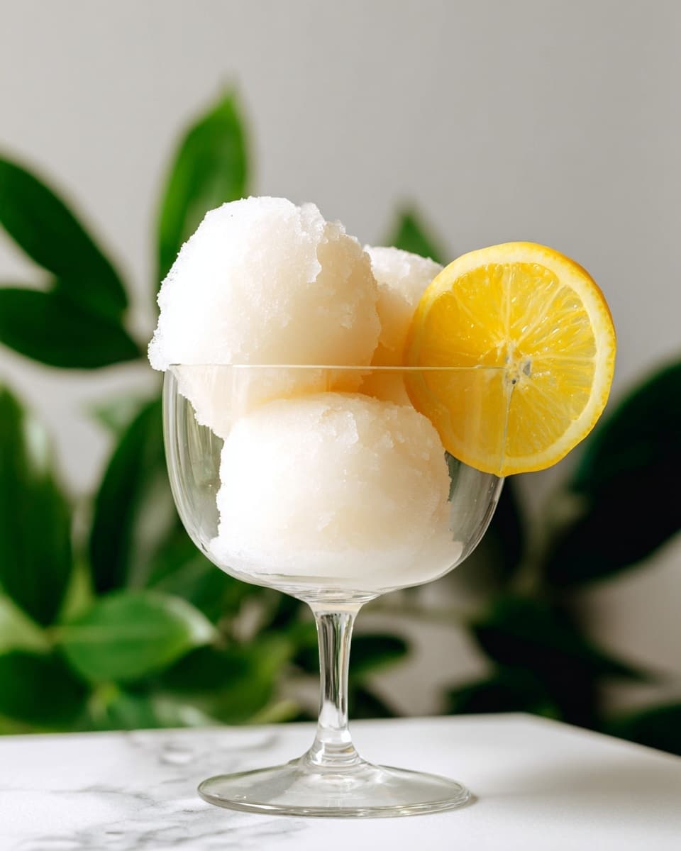 The image shows a clear glass filled with three scoops of white sorbet stacked closely together, with a rough icy texture on the edges. A bright yellow lemon wedge is placed on the right side, partly tucked between the top and middle scoops. The glass has a thin stem and is placed on a white marbled surface, with green leaves blurred softly in the background. photo taken with an iphone --ar 4:5 --v 7
