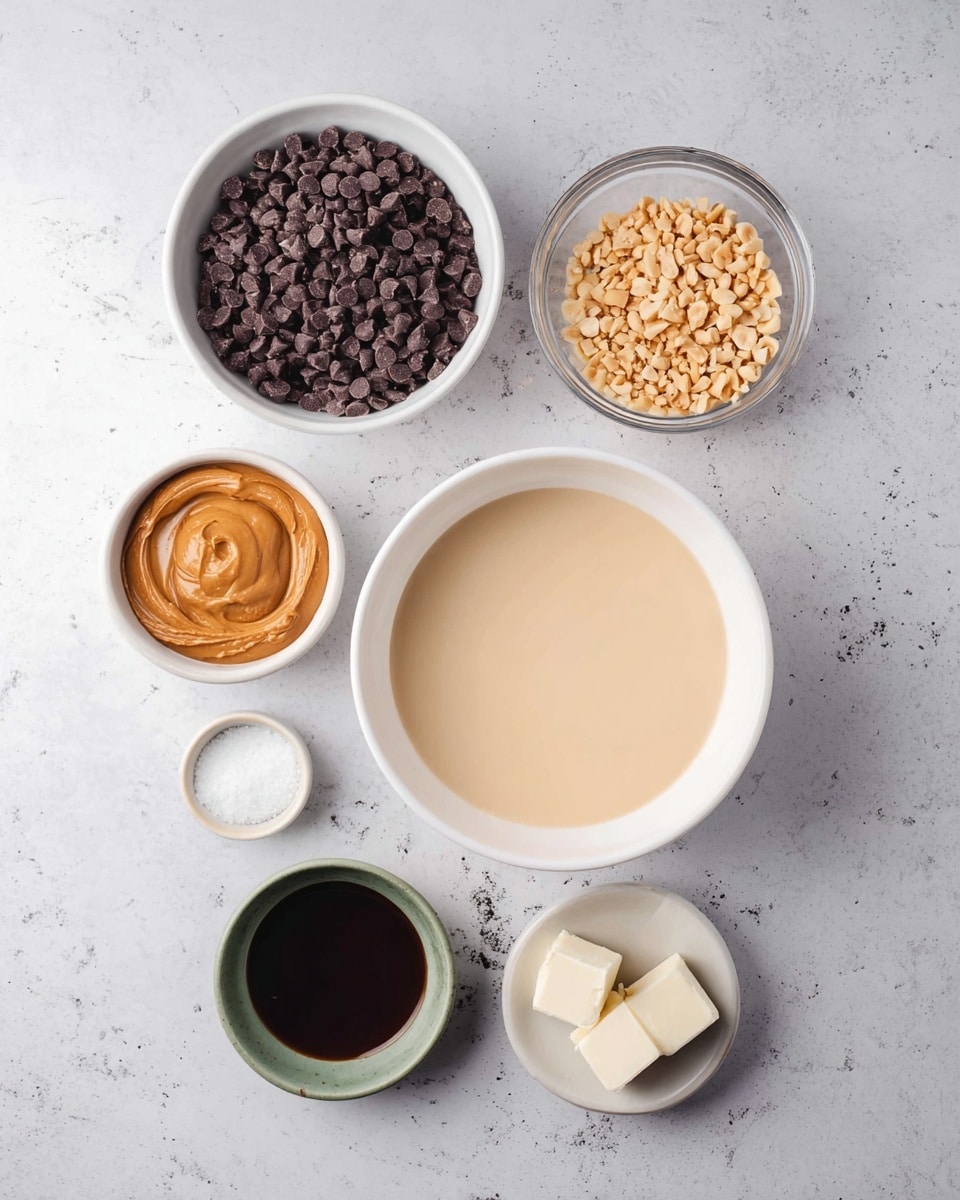 Several small bowls are placed on a white marbled surface, each holding different ingredients. The biggest white bowl at the bottom center is filled with smooth, light beige batter. To its left, a slightly smaller white bowl is full of small, dark chocolate chips, which look firm and shiny. Above this, there is a clear glass bowl holding roughly chopped beige nuts that add texture. To the right of the nuts, a white bowl contains a thick, creamy peanut butter-colored paste. Near the bottom left corner, a small green ceramic bowl holds a small amount of white salt. Above and to the right of it, there is a tiny green ceramic bowl with dark brown liquid inside. Lastly, a small white bowl near the nuts has two small white cubes of soft butter visible. photo taken with an iphone --ar 4:5 --v 7