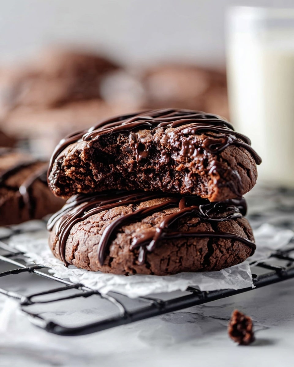 The image shows two thick chocolate cookies stacked on a black cooling rack resting on crumpled white paper over a white marbled surface. The top cookie has a bite taken from it, revealing a soft, crumbly, dark brown inside with small air holes. Both cookies have a shiny dark chocolate drizzle in thin lines irregularly spread over the top, adding a glossy texture. In the background, blurred cookies and a clear glass of milk add to the cozy setting. photo taken with an iphone --ar 4:5 --v 7