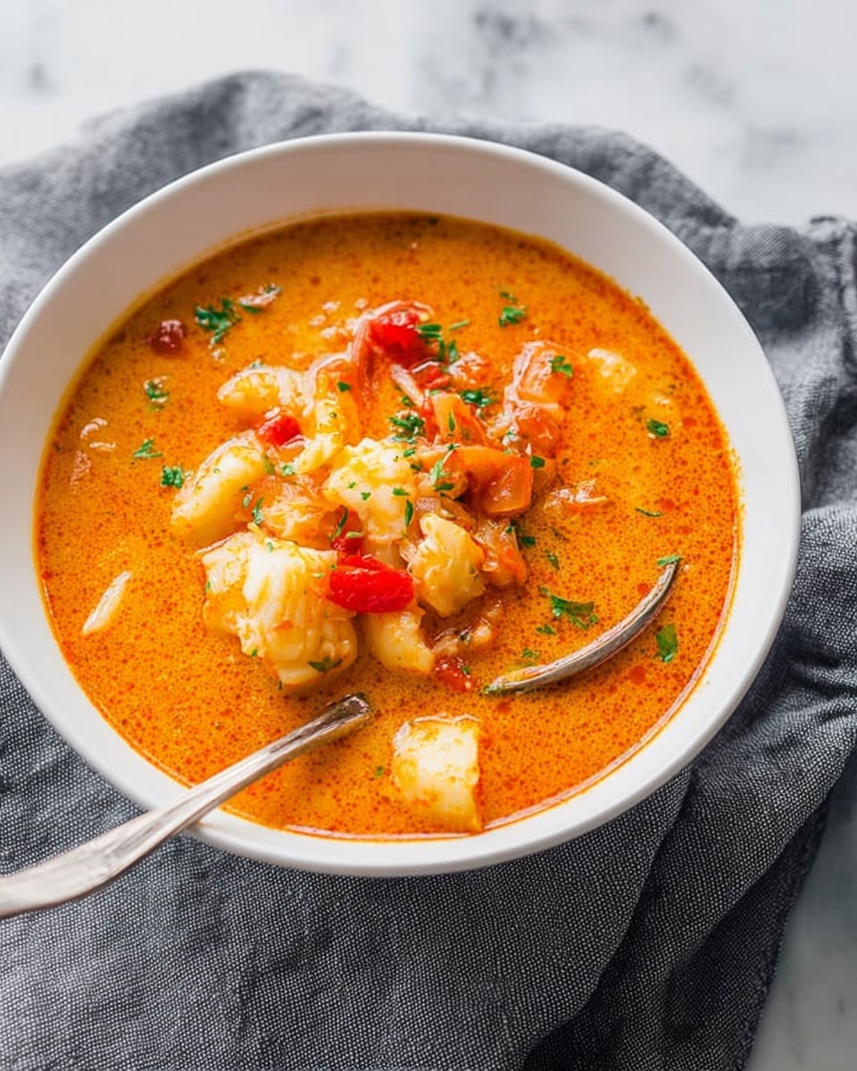A white bowl filled with a thick, bright orange soup that has chunks of white fish pieces and red tomatoes scattered throughout, all topped with small bits of green herbs. The soup looks creamy with a smooth texture and some visible spices in it. Inside the bowl, there is a shiny silver spoon resting on the side. The bowl sits on a soft, grey cloth on a white marbled surface. Photo taken with an iphone --ar 4:5 --v 7