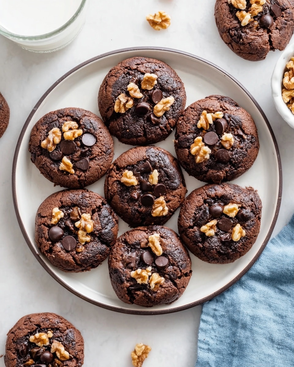 Seven round dark brown chocolate cookies with a cracked texture are arranged on a white plate with a thin dark rim. Each cookie is topped with walnut pieces and dark chocolate chips scattered unevenly on the surface. The plate sits on a white marbled surface with additional cookies and a bowl of walnuts nearby. A blue cloth is partially visible in the lower right corner, and a glass container with white liquid is on the left side. Photo taken with an iphone --ar 4:5 --v 7