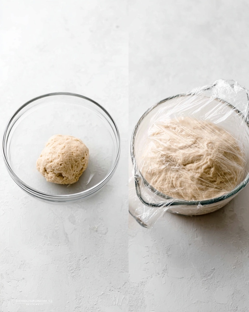 The image shows two clear glass bowls placed on a white marbled surface. The left side has a bowl with a small ball of light tan dough, textured and smooth, resting in the center. On the right side, a larger amount of dough appears inside a similar clear glass bowl with a handle, covered loosely with transparent plastic wrap; the dough looks risen, soft and airy, filling up about half of the bowl. Both bowls have a simple transparent design, showcasing the dough clearly inside. photo taken with an iphone --ar 4:5 --v 7