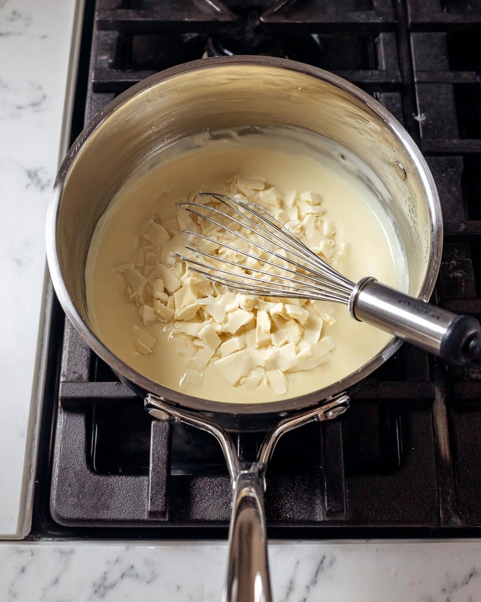 A shiny silver pot sits on a black stove burner with melted white chocolate pieces on top of thick, creamy, pale yellow sauce inside the pot. A metal whisk with a black handle is resting in the mixture, partially submerged and stirring the chocolate and sauce together. The background and edge of the stove have a white marbled texture. photo taken with an iphone --ar 4:5 --v 7