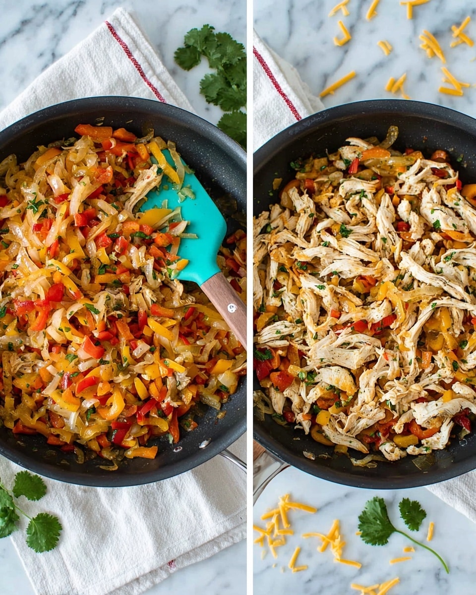The image shows two black pans on a white marbled surface with a white cloth with a red stripe underneath. In the left pan, the bottom layer is a mixture of cooked yellow, orange, and red bell peppers along with onions, with a light brown and slightly soft texture. On top of this, there is a pile of shredded white chicken. A turquoise spatula with a wooden handle rests on the right side inside the pan. In the right pan, the same mixture is fully combined, showing shredded chicken mixed evenly with the colorful peppers and onions, all lightly cooked and browned in some spots, with the spatula still in the pan. Scattered shredded yellow and white cheese and green cilantro leaves lie around the pans on the white marbled surface. Photo taken with an iphone --ar 4:5 --v 7