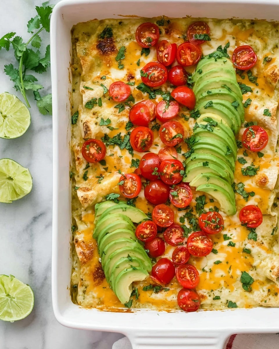 A white rectangular baking dish holds a layered dish with a base of soft tortillas covered in a creamy light green sauce. On top of the tortillas, there is melted yellow and white cheese with a smooth, slightly bubbly texture. The surface is decorated with halved bright red cherry tomatoes and slices of fresh light green avocado fanned out in groups. Small pieces of chopped fresh green cilantro are sprinkled evenly across the dish. The dish sits on a white marbled surface with lime wedges and cilantro leaves visible nearby. Photo taken with an iphone --ar 4:5 --v 7