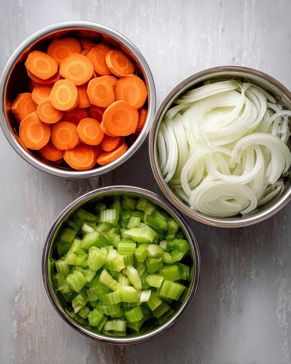 Three silver metal bowls sit on a white marbled surface, each filled with sliced vegetables. The top right bowl contains thinly sliced white onions with a slightly translucent texture. The top left bowl is filled with round, orange carrot slices, showing a smooth texture and slight variation in color. The bottom bowl holds chopped celery pieces, bright green with crisp edges. The bowls are arranged in a roughly triangular pattern, with the white onions and carrots at the top and the celery at the bottom. photo taken with an iphone --ar 4:5 --v 7
