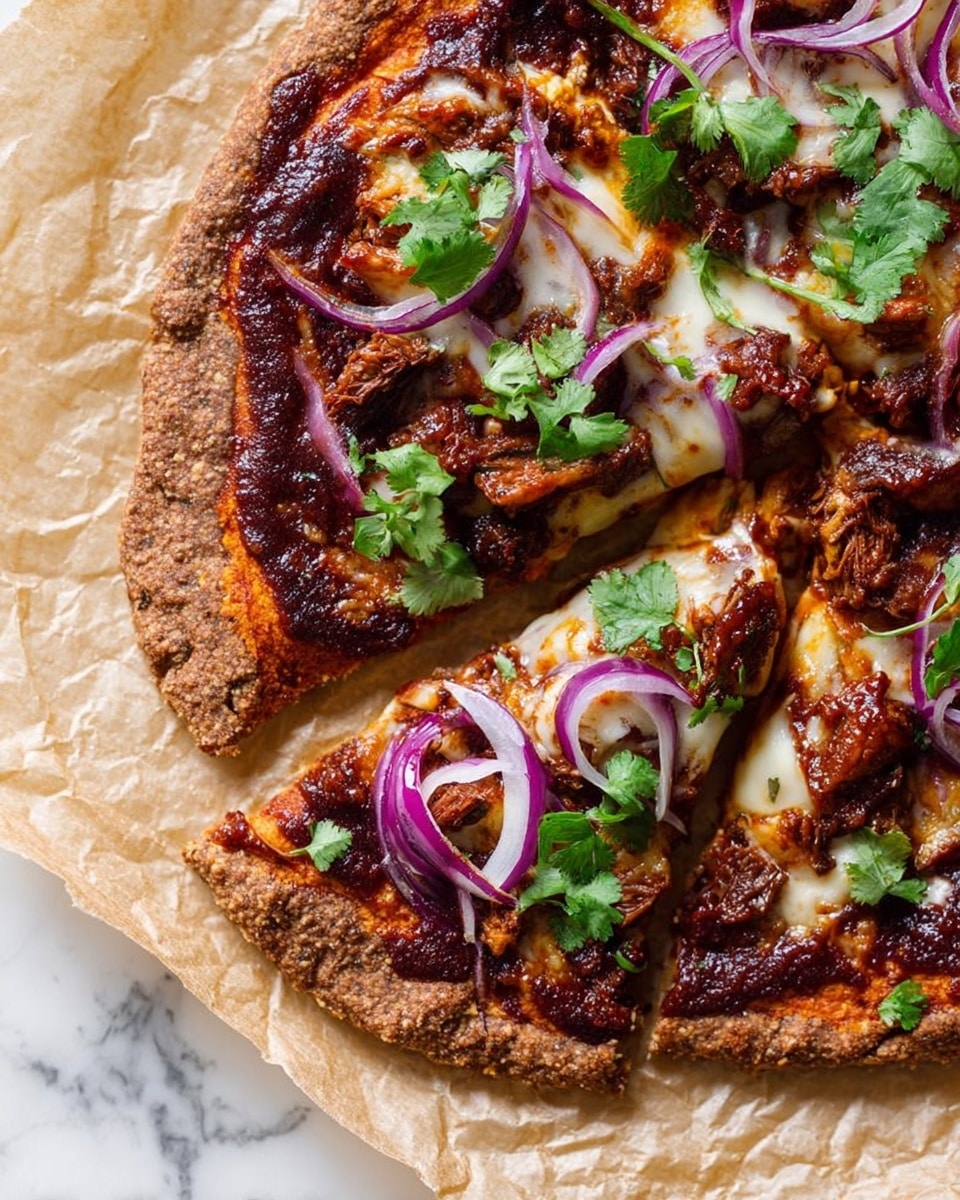 The image shows a sliced pizza with a thick, rough-textured crust that is golden brown and uneven. The toppings include melted cheese that is creamy white and slightly bubbly, covered with rich, dark reddish-brown sauce spread evenly across the surface. On top, there are chunks of dark brown cooked meat, thin slices of light purple-red onion, and scattered green cilantro leaves. The pizza rests on crumpled light brown parchment paper, placed on a white marbled surface. The photo taken with an iphone --ar 4:5 --v 7