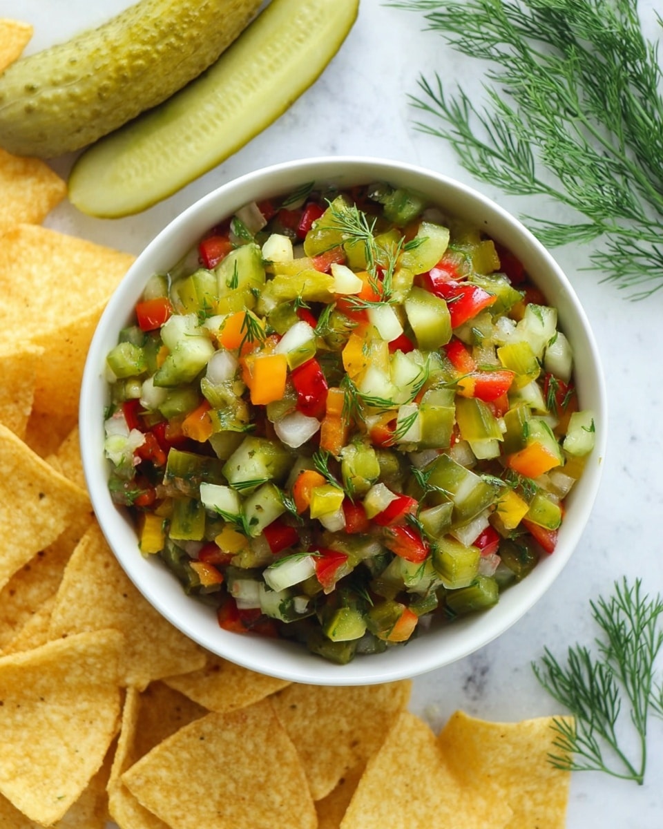 A white bowl filled with a colorful mix of small diced vegetables including green pickles, red bell peppers, green peppers, and white onions, all lightly garnished with green dill. The bowl is placed on a white marbled surface, surrounded by yellow tortilla chips and several light green pickles to the upper left side. Sprigs of fresh dill are visible in the top right corner of the image. Photo taken with an iphone --ar 4:5 --v 7