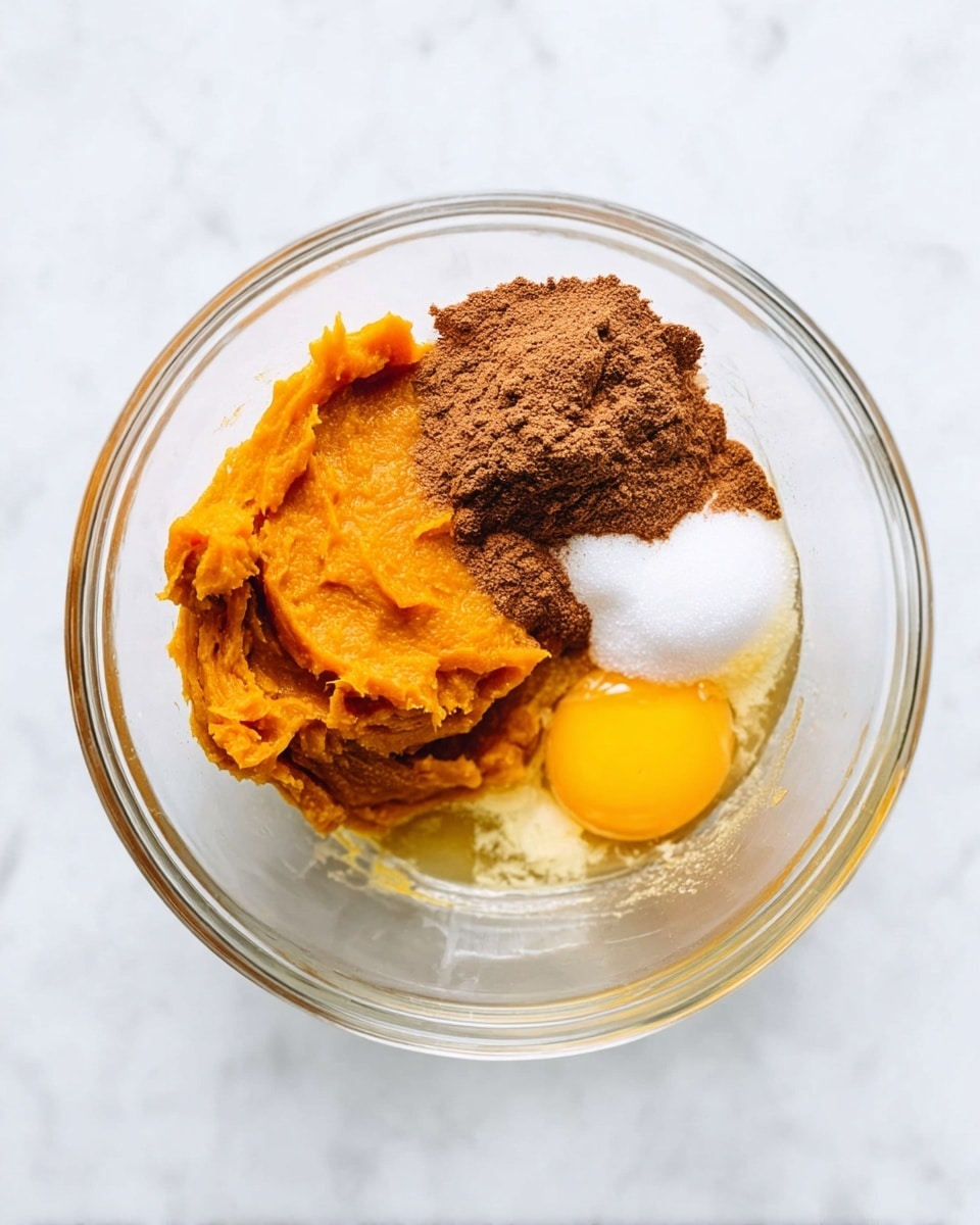 A clear round glass bowl sits on a white marbled surface, filled with several distinct ingredients. The largest layer is a thick, smooth orange pumpkin puree placed on the left side of the bowl. Next to it, on the top left, is a mound of ground brown cinnamon powder. On the top right side, there is a small white sugar pile. To the right side and slightly overlapping the sugar is a small amount of golden syrup. At the bottom right, a raw egg yolk with its clear egg white surrounds it. All the ingredients are unmixed and visibly separated. Photo taken with an iphone --ar 4:5 --v 7