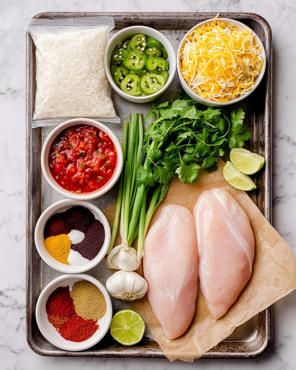 The image shows a metal tray on a white marbled surface with ingredients neatly arranged. At the bottom right, two raw, pale pink chicken fillets lie on brown parchment paper. To their right are two garlic cloves and two lime halves, bright green and juicy. Above the chicken, green onions and fresh cilantro are placed horizontally along the center. The top row has three small white bowls: the left one filled with green chopped pickles, the middle one with a mix of shredded yellow and white cheese, and the right one with chunky red salsa. A fourth white bowl at the bottom left corner of the tray contains four different powdered spices in red, brown, and yellow shades. A sealed white bag of rice sits on the left side of the tray. The entire setup is clean and vibrant. Photo taken with an iphone --ar 4:5 --v 7