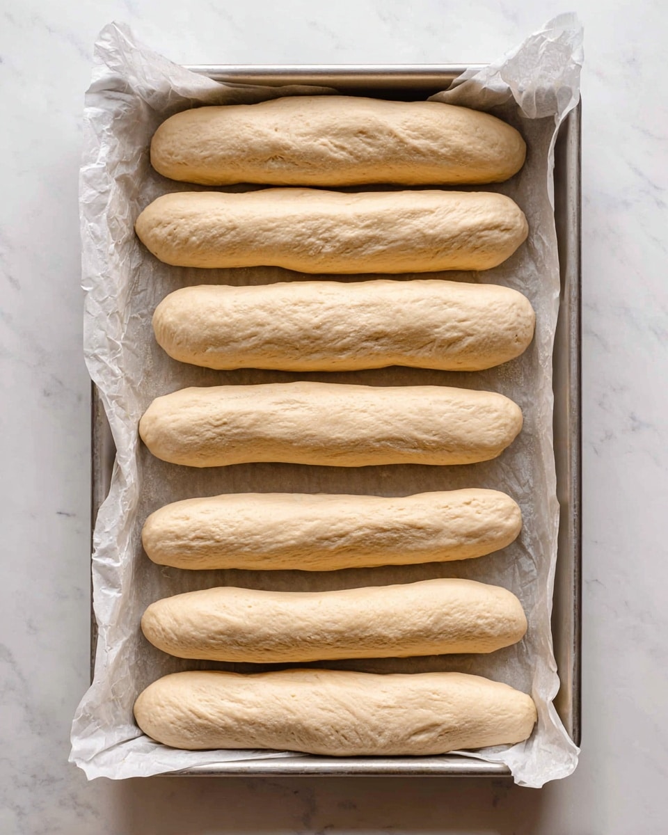The image shows a metal tray lined with crinkled white baking paper, holding seven raw bread dough sticks arranged in two vertical rows, four on the left and three on the right. The dough sticks are light beige with a smooth but slightly wrinkled surface, and they vary slightly in shape and size, some having rounded ends while others taper slightly. The tray sits on a white marbled surface, adding a clean and bright background to the scene. photo taken with an iphone --ar 4:5 --v 7
