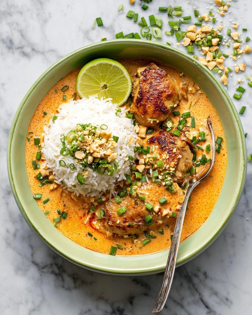 A white bowl filled with three main layers: first, a base of orange creamy sauce with small green herb pieces, second, on the right side, three browned chicken pieces partially covered by the sauce, and third, on the left side, a mound of white rice topped with chopped green onions and crushed nuts. A green lime wedge rests on the sauce near the chicken. A silver fork is placed on the rice, and some chopped green onions and nuts are scattered around the bowl. The bowl sits on a white marbled surface. Photo taken with an iphone --ar 4:5 --v 7