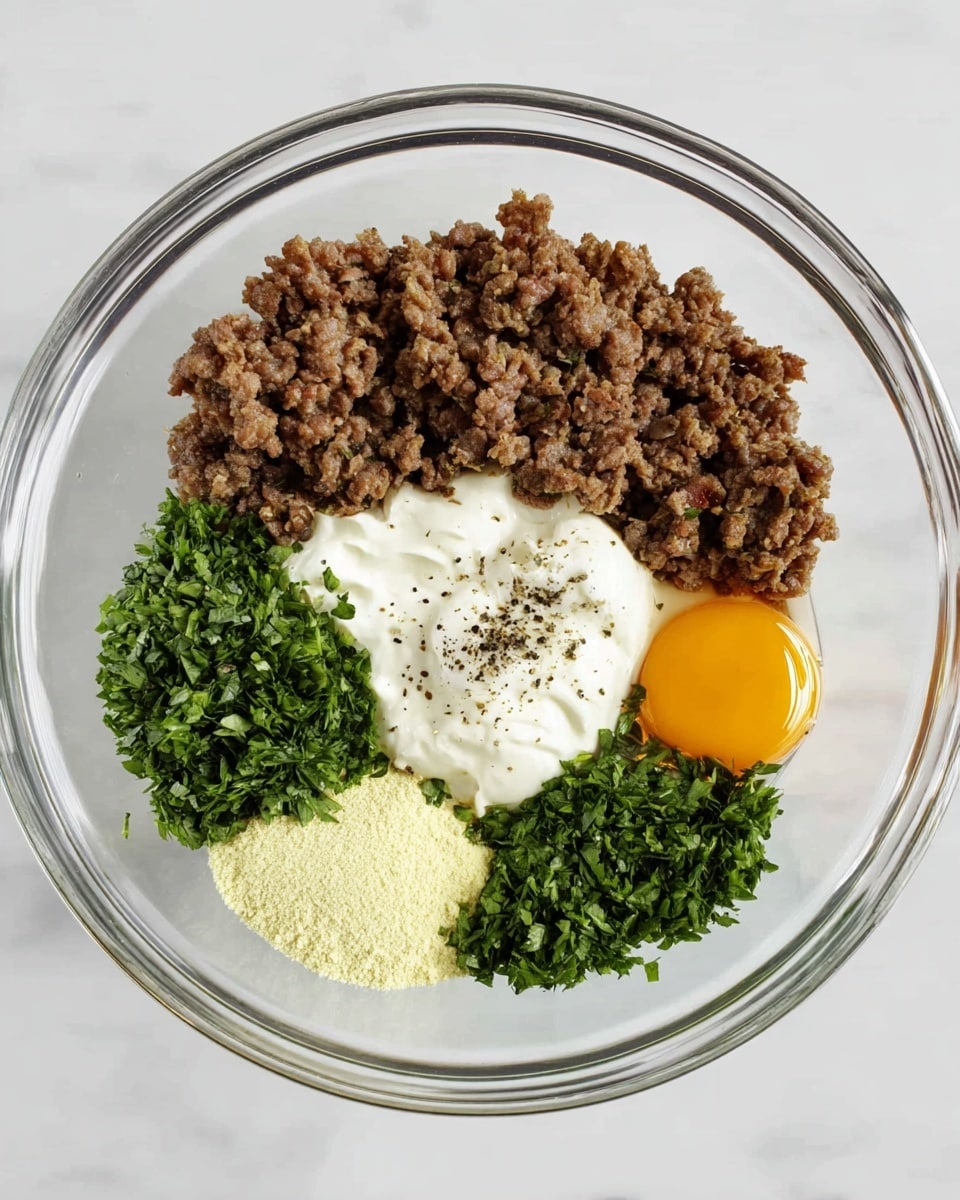 A clear glass bowl sits on a white marbled surface, filled with different ingredients that are neatly arranged without mixing. The top layer, at the back, is a mound of cooked brown ground meat, rough and crumbled. To the left of the meat is a small pile of finely chopped green herbs with a fresh texture. Below the herbs is a dollop of thick white cream or yogurt with a smooth surface, sprinkled lightly with black pepper. Centered in the bowl is a heap of light yellow powder. On the right side, next to the powder, is another portion of chopped green herbs, slightly coarser in texture. At the far right is a raw egg yolk and egg white with a shiny, smooth appearance and bright orange-yellow yolk. Photo taken with an iphone --ar 4:5 --v 7
