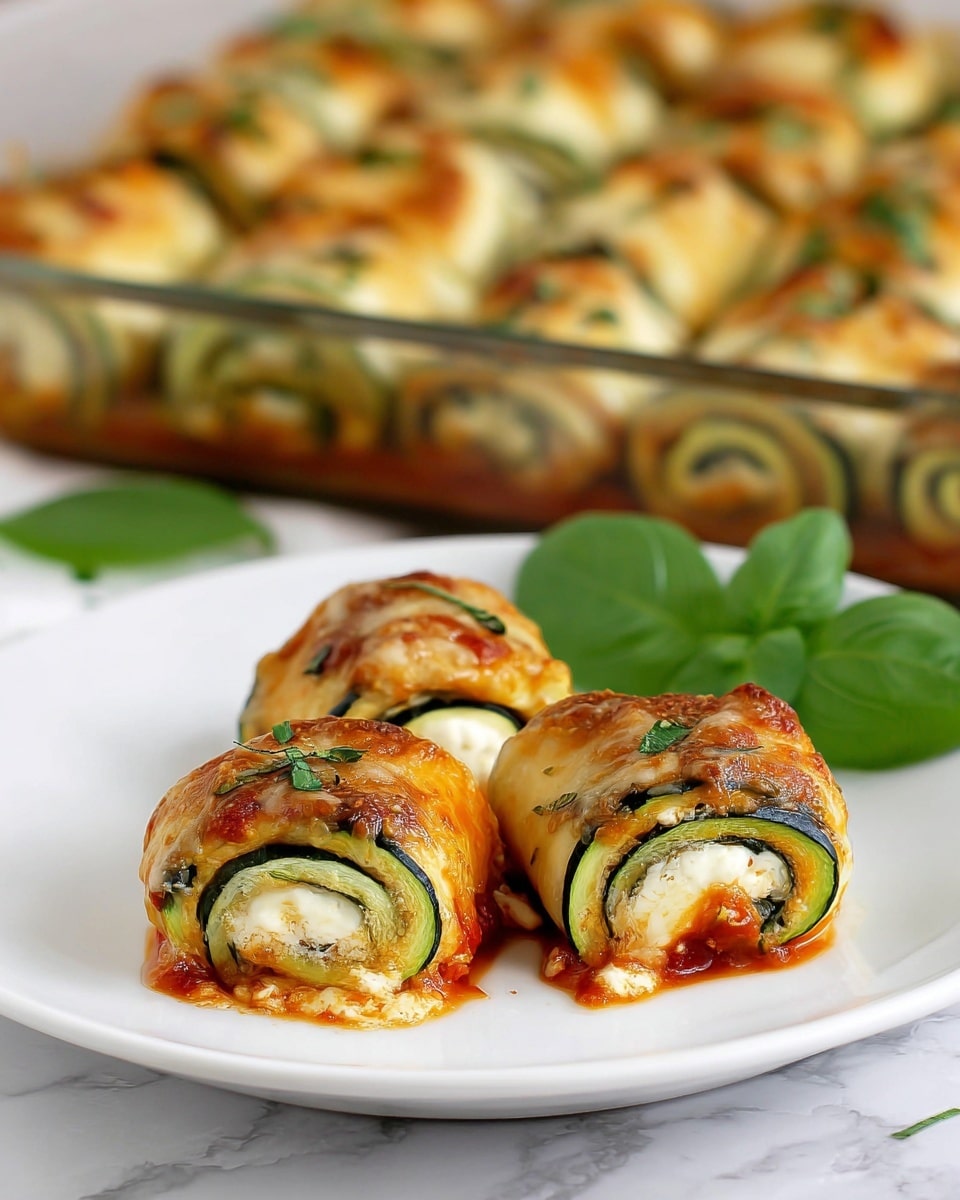 On a white plate with a white marbled surface, there are three small rolled pieces of food, each showing distinct layers: a bright green zucchini strip on the outside, followed by a creamy white cheese layer, and a red tomato sauce layer toward the bottom. The tops of the rolls are browned and melted with cheese, sprinkled with small green herb pieces. Behind the plate, a glass baking dish filled with many similar rolls rests, showing a pattern of green and yellow swirls. A fresh basil leaf garnish is placed behind the rolls on the plate. Photo taken with an iphone --ar 4:5 --v 7