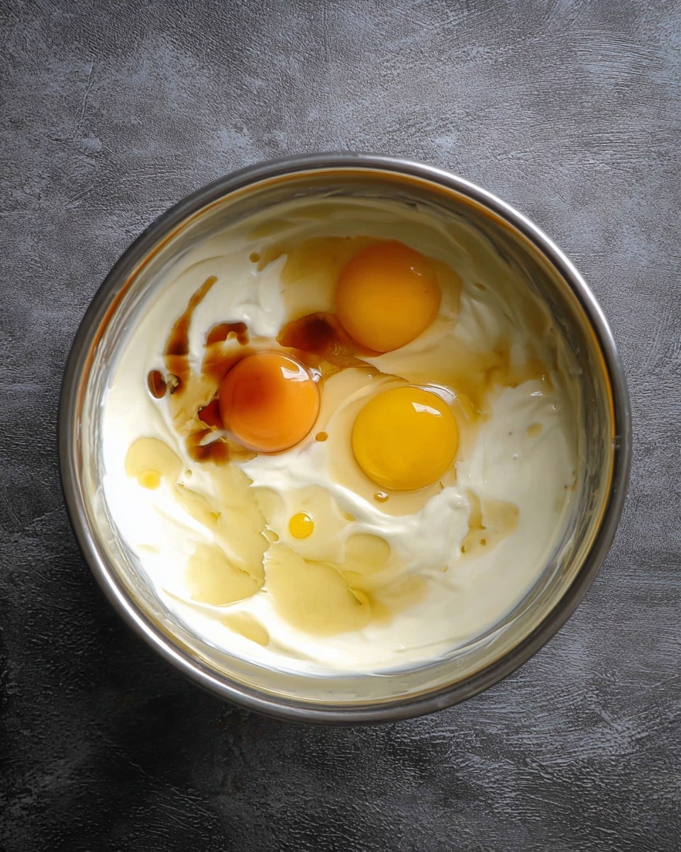 A round steel mixing bowl shows three layers inside: the bottom layer is smooth and thick white cream spread around the bowl, on top of that are three raw eggs with bright orange yolks and clear yellow whites, and scattered liquid brown vanilla extract on one side. The bowl is placed on a dark gray textured surface. The view is from directly above. photo taken with an iphone --ar 4:5 --v 7