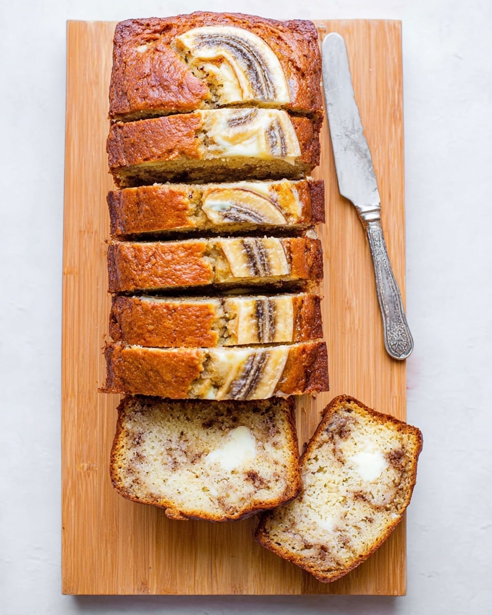 a top down shot of a light brown wooden board on a white surface, holding a sliced loaf of cream cheese filled banana bread. nine thick slices of the marbled cake are aligned vertically down the board, displaying swirls of golden banana cake and a creamy white cream cheese layer. a single slice rests vertically to the right, showcasing its marbled interior. a silver spreading knife lies next to the main loaf. the composition is brightly lit from above, casting soft shadows, highlighting the moist texture of the bread.  Photo taken with an iphone --ar 4:5 --v 7