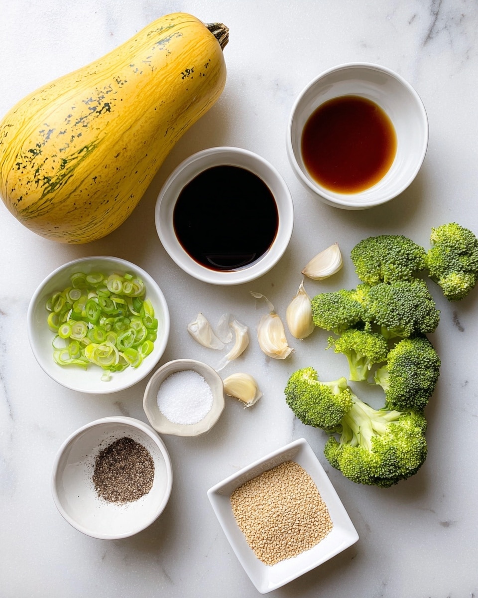 The image shows various cooking ingredients arranged on a white marbled surface. On the left is a whole yellow spaghetti squash with speckled skin. Nearby are small chopped rings of green onion spread out. There are five small white bowls: the top left one holds dark soy sauce, the top right one has a brown liquid, the middle one contains white salt, the bottom left one holds ground black pepper, and the square bottom right bowl is filled with light tan sesame seeds. There are also several cloves of garlic with their skins partially on, and on the right side of the image are bright green broccoli florets of different sizes. The overall look is clean and bright, with all ingredients clearly visible and spaced out. Photo taken with an iphone --ar 4:5 --v 7