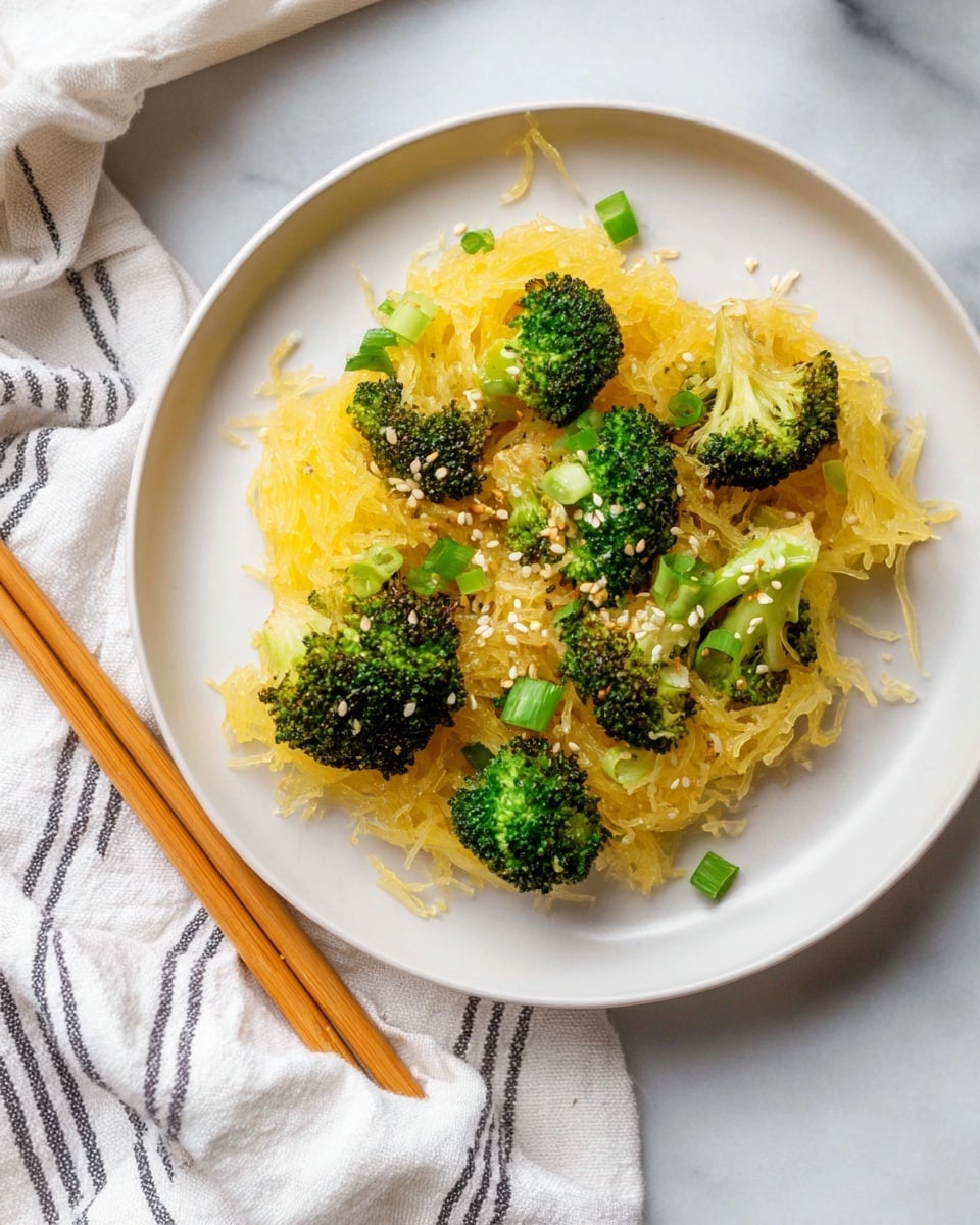 The image shows a white plate with a serving of spaghetti squash as the base layer, which is yellow and stringy in texture. On top, there are several bright green broccoli florets, some slightly charred, adding a rough texture and rich color contrast. Small pieces of chopped green onions are scattered on the dish along with white sesame seeds lightly sprinkled over everything. The plate is placed on a white cloth with thin dark stripes, and the background features a white marbled texture. A pair of wooden chopsticks is placed to the left side of the plate. Photo taken with an iphone --ar 4:5 --v 7