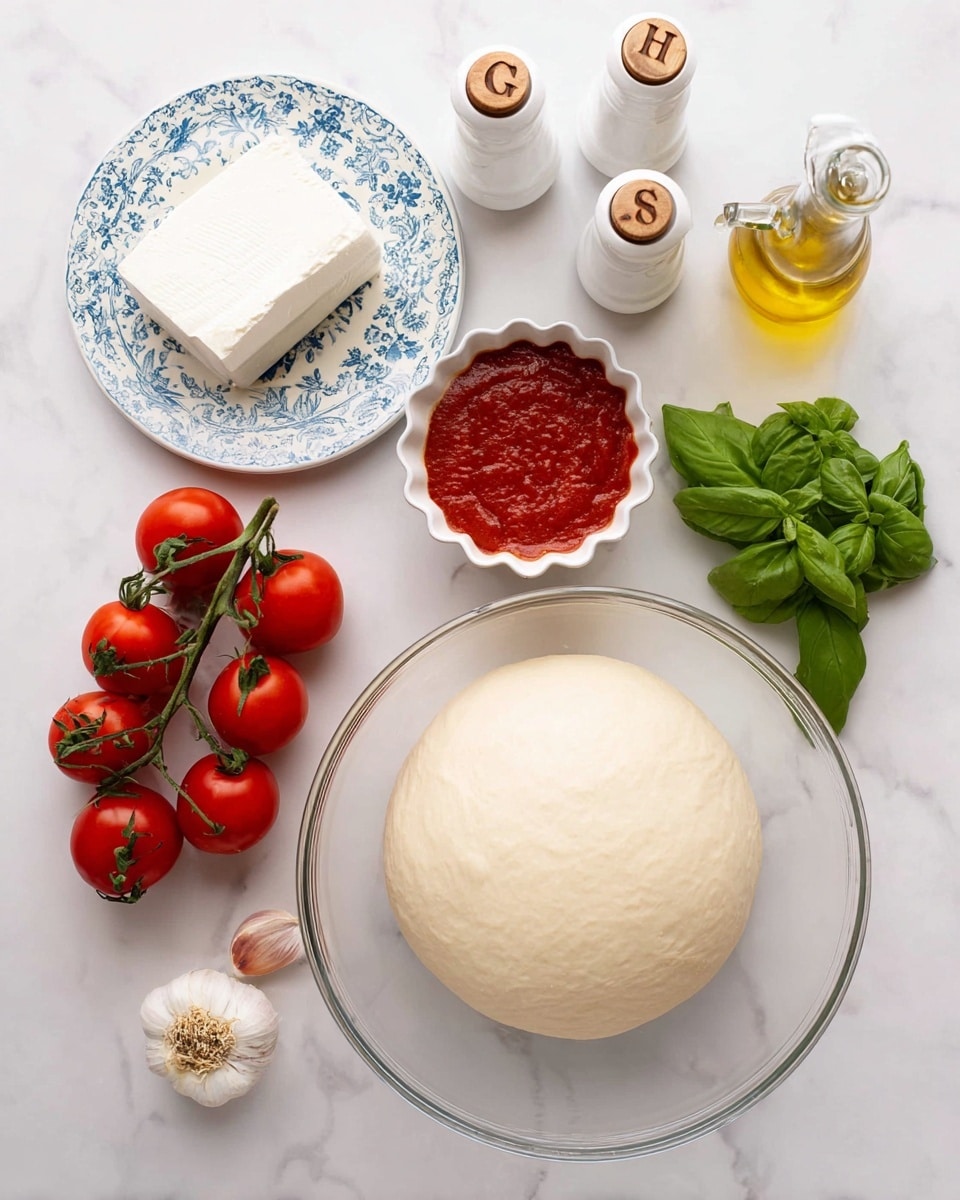 The image shows a clear glass bowl with one smooth, round ball of pizza dough inside. To the left, there is a bunch of bright red cherry tomatoes still attached to the green vine, and fresh green basil leaves beside them. Above the dough is a small white bowl with scalloped edges filled with thick red tomato sauce. Next to it is a small glass bottle of golden olive oil, and behind it, there are white salt and pepper shakers with wooden tops marked with letters P and S. On the upper left, a whole bulb of garlic sits next to a white plate with blue floral patterns holding a round block of smooth white mozzarella cheese. The surface is a clean white marbled texture. Photo taken with an iphone --ar 4:5 --v 7