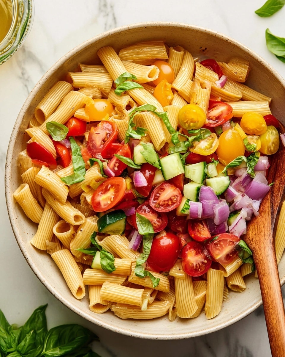 A large beige bowl filled with three layers: the bottom layer is pasta tubes colored light yellow with fine lines, the middle layer holds pieces of bright red and yellow cherry tomatoes, small cubes of green cucumber, and small chunks of purple onion, all mixed evenly, topped with fresh green basil leaves scattered across. A wooden spoon with a light brown handle rests inside the bowl, and the bowl sits on a white marbled surface with some green leaves and a glass container partially visible near the edges. photo taken with an iphone --ar 4:5 --v 7