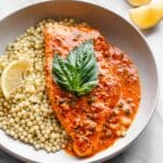 One Pan Mediterranean Chicken with Roasted Red Pepper Sauce Recipe