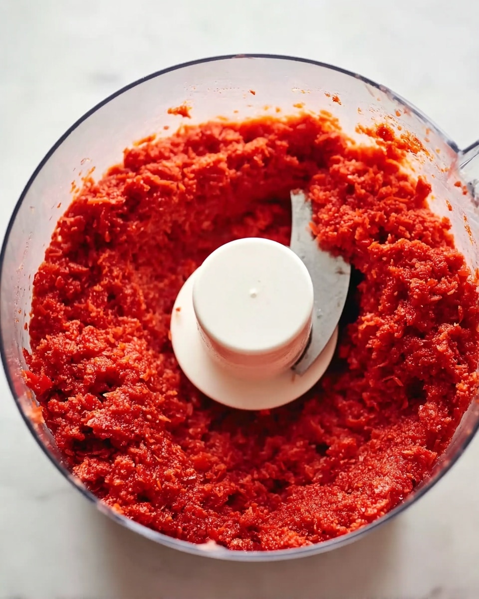 A close-up image of a white food processor bowl filled with bright red, finely chopped vegetable mixture that has a moist, textured consistency. The mixture surrounds the central white blade piece, with some bits sticking slightly to the sides of the clear processor bowl. The background is a white marbled surface. photo taken with an iphone --ar 4:5 --v 7