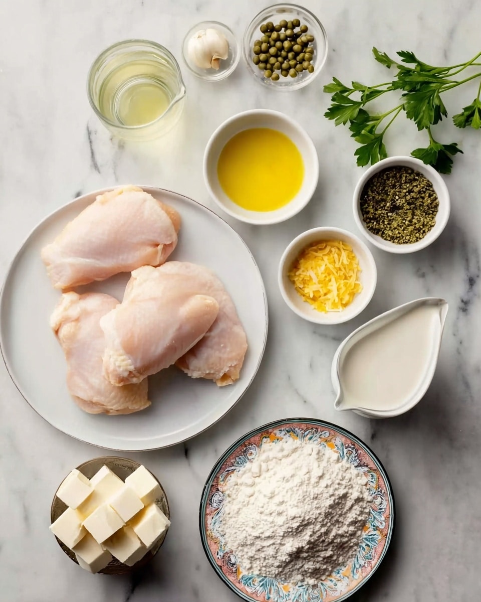 The image shows three raw chicken pieces placed on a white plate with a pile of white flour next to them. Around the plate are several small white bowls and glass containers with different ingredients: a cup of light yellow liquid, a small bowl with green capers, a bowl with yellow lemon zest, a small bowl with minced garlic, a glass pitcher with cream, a bowl with two white cubes of butter on a colorful patterned plate, and some green parsley leaves on the white marbled surface. The photo taken with an iphone --ar 4:5 --v 7