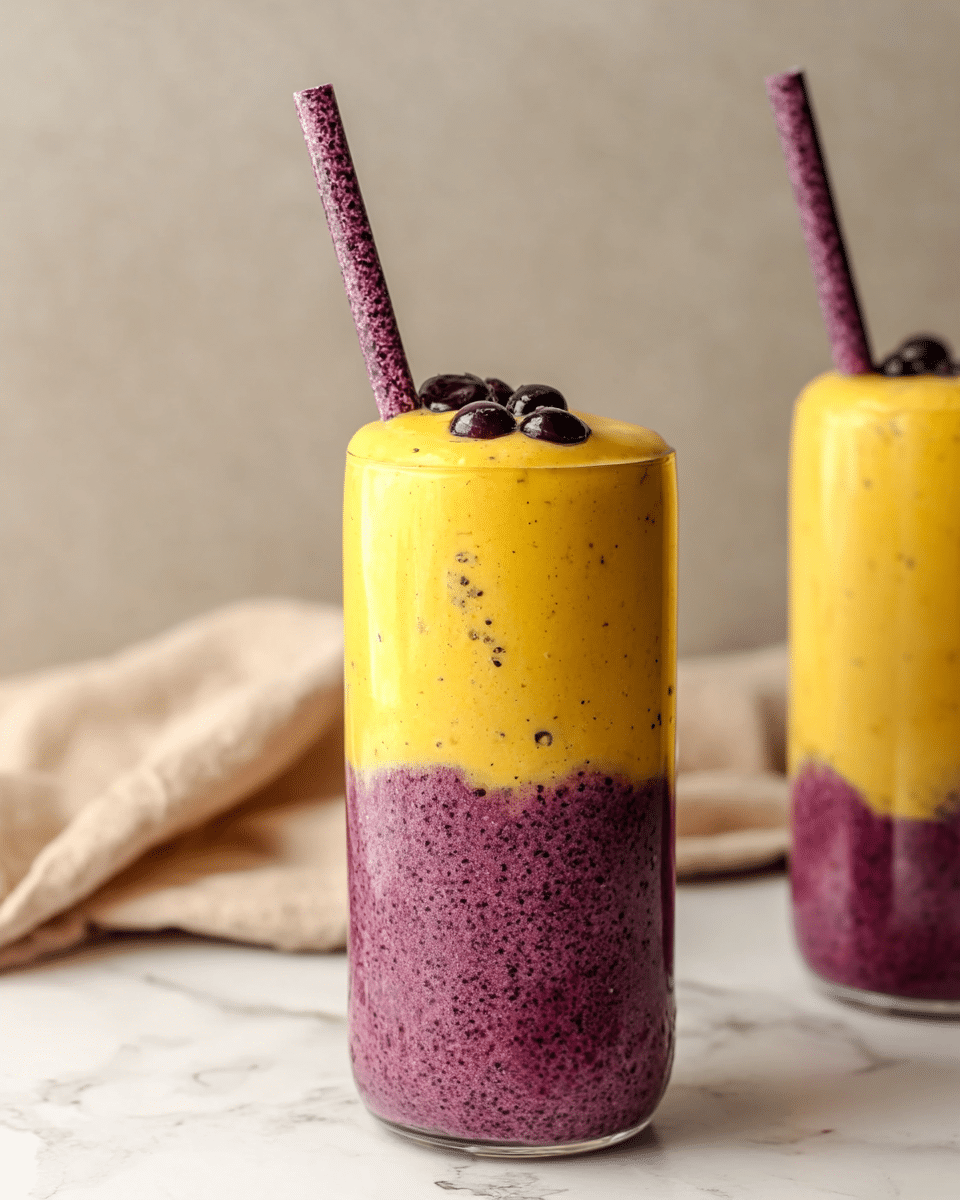 The image shows a tall, clear glass filled with two layers of smooth smoothies. The bottom layer is thick and dark purple with a speckled texture, while the top layer is bright yellow and creamy with a few small dark specks. On the surface of the yellow layer, there are a few small round dark berries. A purple speckled straw sticks out from the top of the glass. The glass is placed on a white marbled surface with a soft beige cloth in the background. Another similar glass with the same layers and straw is partially visible on the right side of the image. Photo taken with an iphone --ar 4:5 --v 7