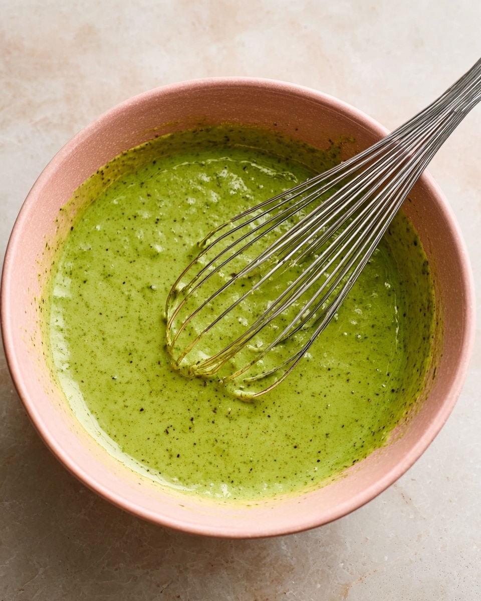 A close-up of a smooth, thick green sauce with small dark specks spread inside a light pink bowl. The sauce's texture looks creamy with slight lumps and a shiny surface. A metal whisk with thin wires rests in the sauce, partly covered with it. The bowl is placed on a white marbled surface. photo taken with an iphone --ar 4:5 --v 7