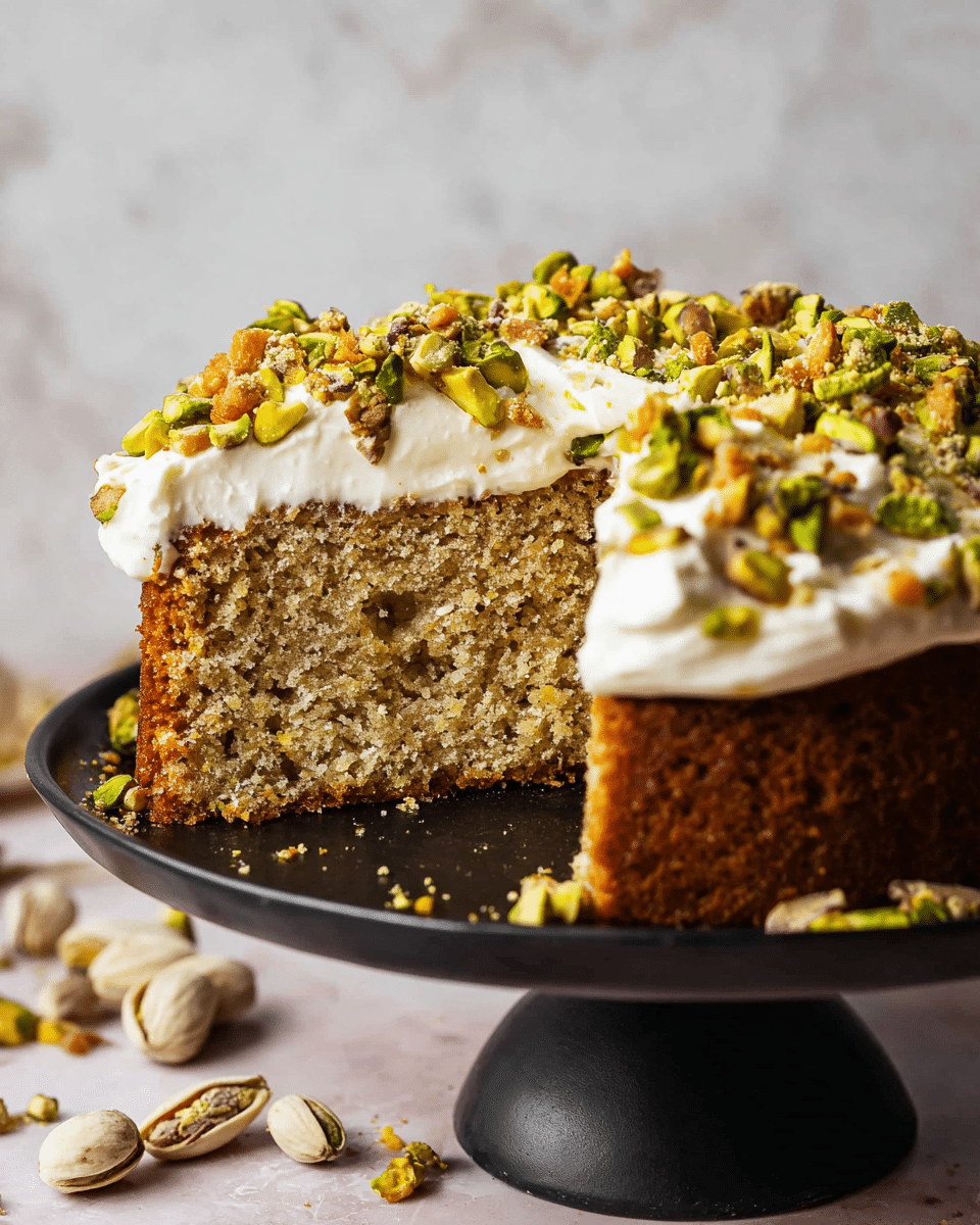 The image shows a close-up of a thick slice of light brown cake with a moist, slightly crumbly texture, sitting on a black cake stand. The cake has one visible layer topped with a thick, fluffy white cream layer. On top of the cream, there are scattered chopped nuts, mainly green pistachios and some golden-brown bits, adding texture and color contrast. Around the cake on the stand are some whole pistachios with their shells and loose green pistachio pieces. The background and surface have a soft white marbled texture, making the cake stand out clearly. photo taken with an iphone --ar 4:5 --v 7