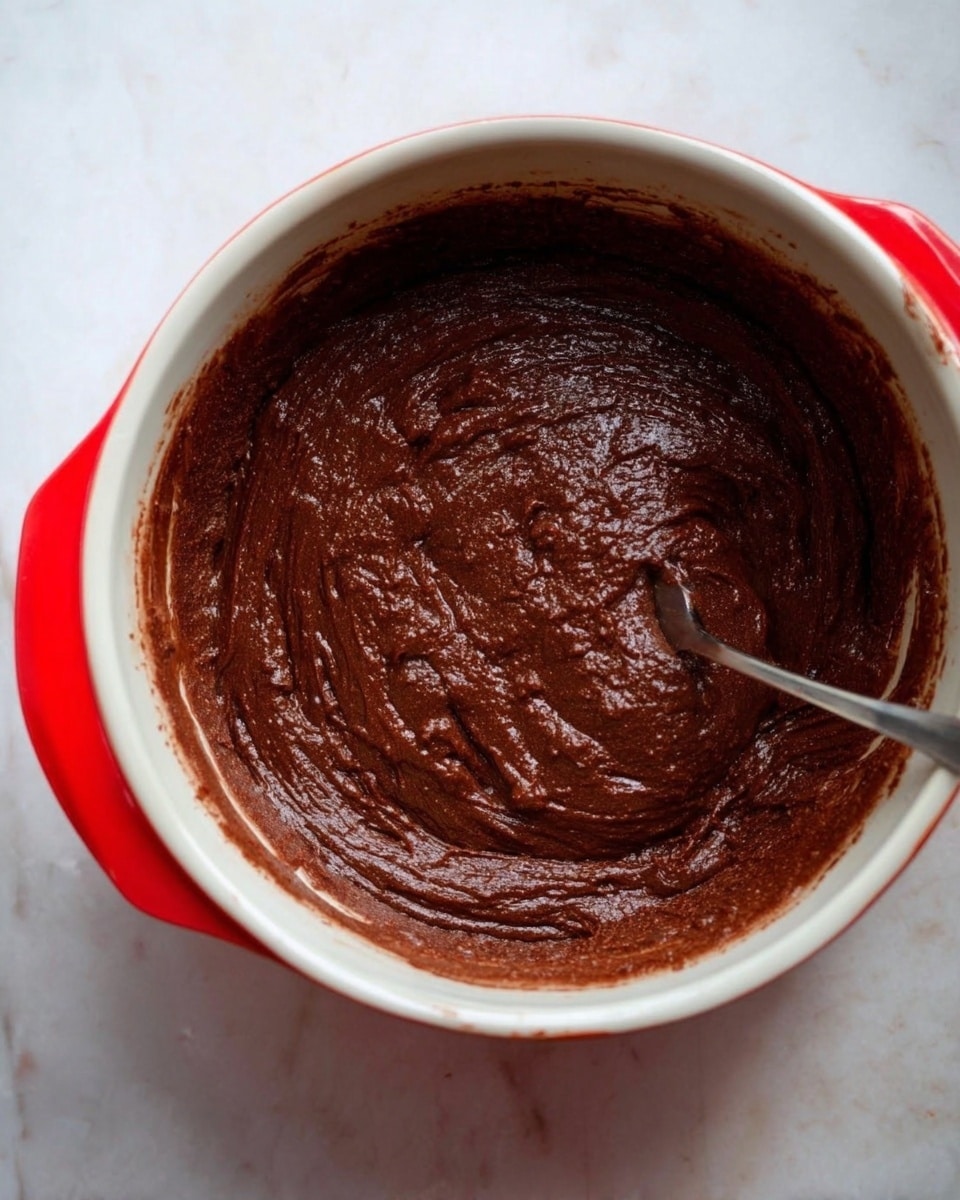 The image shows one large, thick layer of dark brown chocolate batter with a smooth but slightly lumpy texture, sitting inside a white bowl with red handles visible on the side. A metal spoon is partially submerged on the right side, stirring the batter. The background is a white marbled surface. Photo taken with an iphone --ar 4:5 --v 7