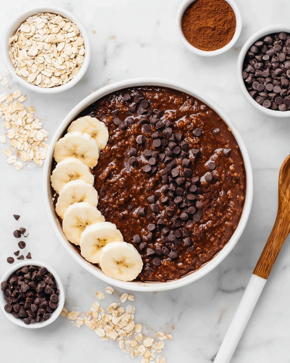 The dish shown is a bowl of chocolate oatmeal with a thick and slightly chunky dark brown texture, filling most of the bowl. On one side, there is a neat layer of thinly sliced banana pieces arranged in a curved line, topped with small dark chocolate chips scattered over both the banana and oatmeal. Around the bowl on a white marbled surface, there are small piles of oats and chocolate chips, along with three small white bowls containing oats, mini chocolate chips, and cocoa powder. A wooden spoon with a white handle is placed to the right of the bowl. Photo taken with an iphone --ar 4:5 --v 7