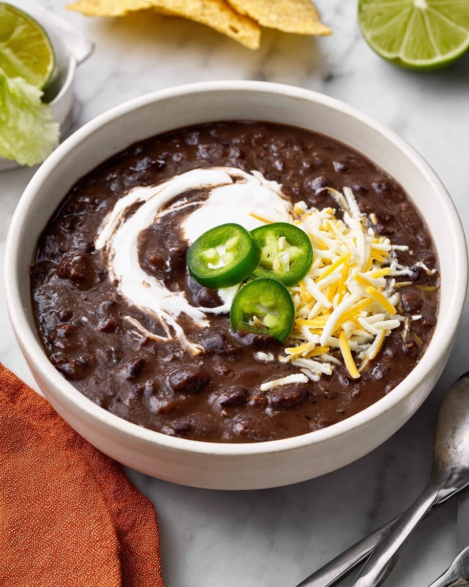 A white bowl filled with dark brown thick black bean soup serves as the base layer, with a smooth texture mixed with soft chunks. On top, there is a swirl of white sour cream spread in a curved shape, adding contrast. To the side, there is a small pile of shredded yellow and white cheese, showing a mix of strands. Three bright green jalapeño slices are placed above the cheese, showing seeds and a fresh, glossy look. The bowl sits on a white marbled surface, with part of a torn golden tortilla chip visible near the top left and green limes in the bottom left corner. An orange napkin with two silver spoons rests near the bottom right. Photo taken with an iphone --ar 4:5 --v 7