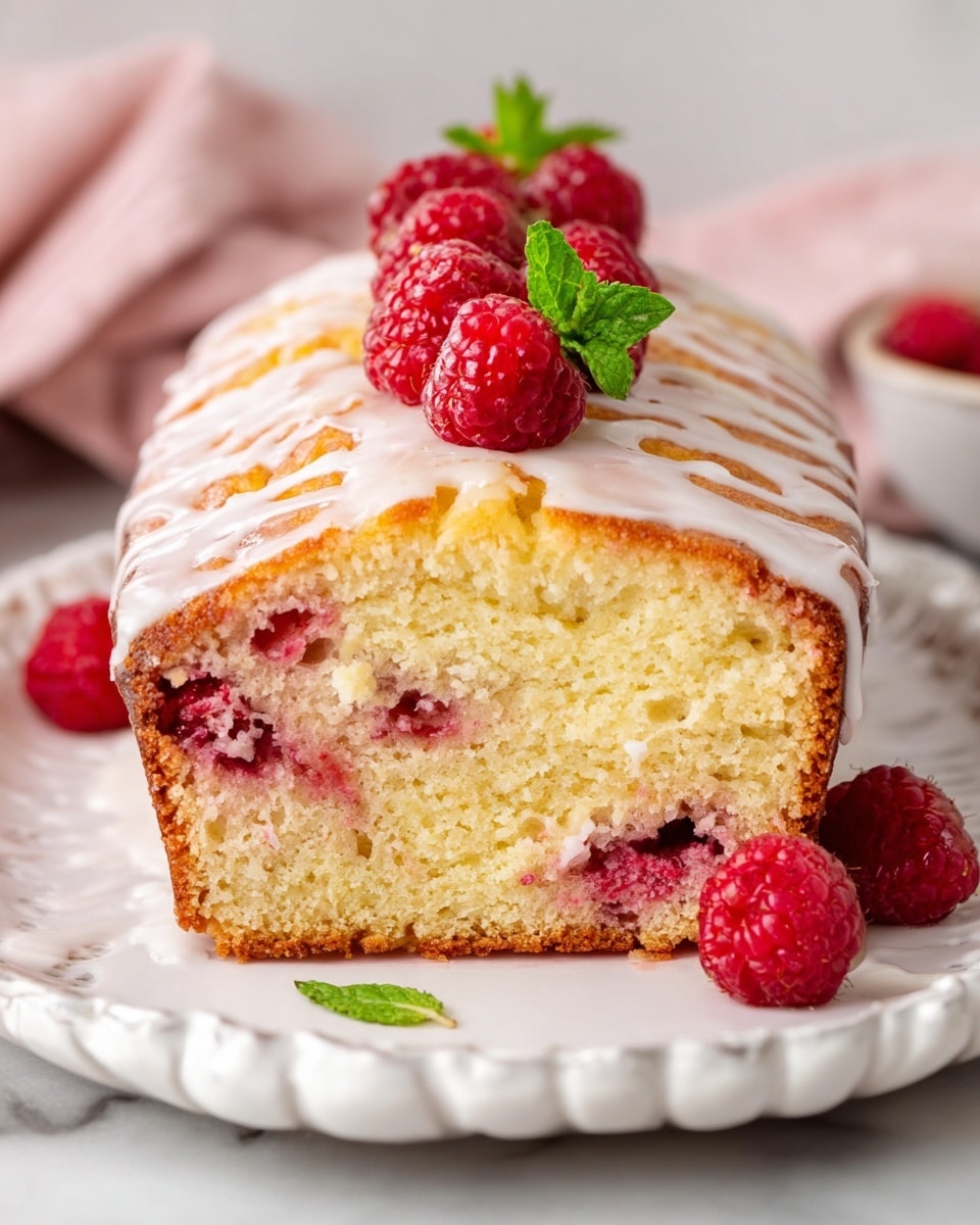 A loaf cake is shown sliced, revealing a moist inside with visible whole raspberries scattered in the light yellow cake. The top layer has a smooth white glaze dripping slightly down the sides, decorated with fresh red raspberries and a small sprig of green mint leaves. The cake sits on a white scalloped plate placed on a white marbled surface, with soft pink fabric partially visible in the background. Photo taken with an iphone --ar 4:5 --v 7