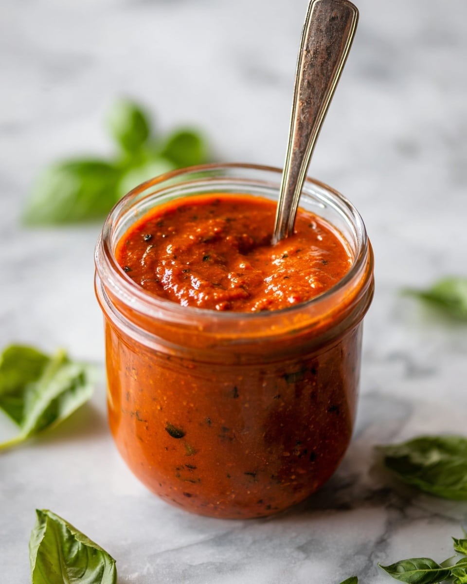 A clear glass jar filled with thick, textured red sauce with visible small black herbs mixed in. A vintage silver spoon is standing upright inside the jar. The jar is placed on a white marbled surface with fresh green basil leaves scattered around, adding a fresh contrast to the warm color of the sauce. The background is blurred softly, keeping the focus on the jar and sauce photo taken with an iphone --ar 4:5 --v 7