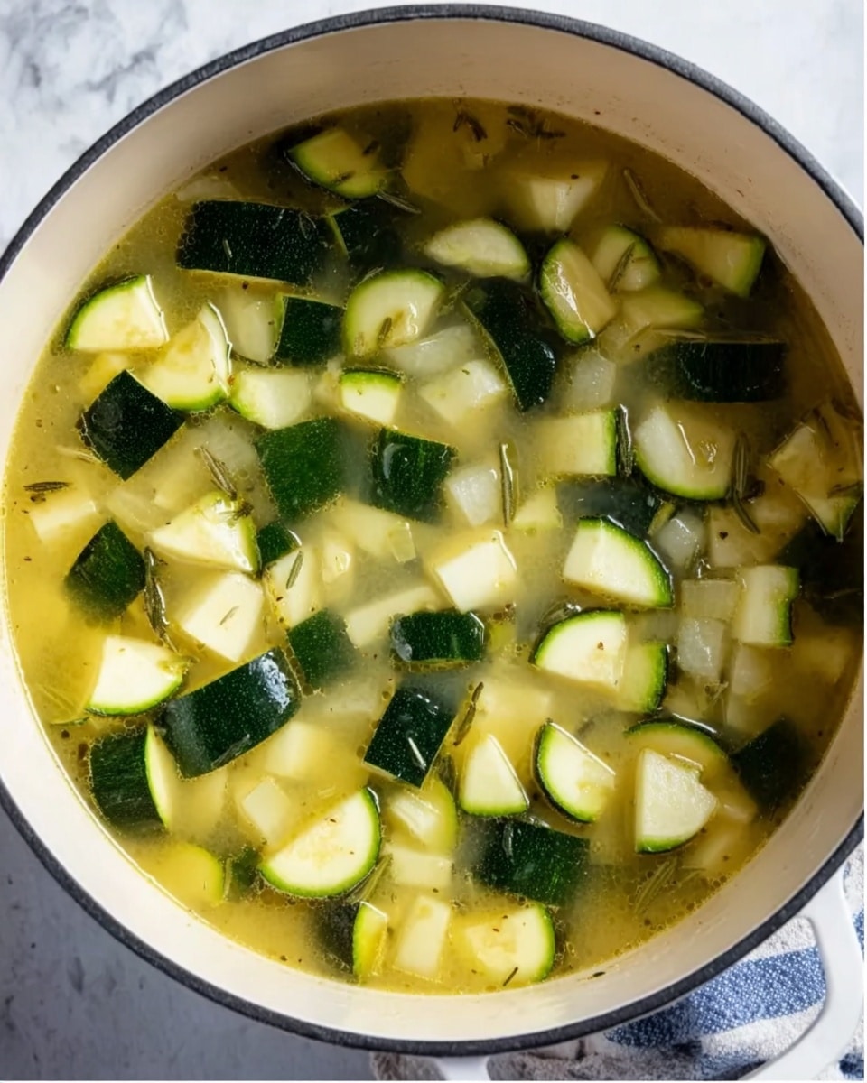The image shows a white pot filled with a broth-based soup. Inside the pot are chunks of green zucchini with dark green skin and light green flesh, and white cubes of what appears to be potatoes or a similar vegetable. The broth is light yellow and slightly cloudy, with small herbs floating on the surface. The pot is sitting on a white marbled surface with a small piece of a white and blue cloth visible near the edge. Photo taken with an iphone --ar 4:5 --v 7