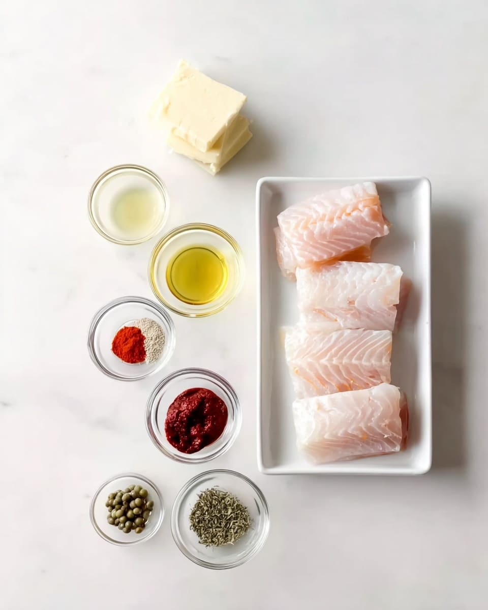 The image shows a clean, white marbled surface with a small white rectangular dish placed toward the right side, holding four pieces of raw fish fillets, which are pale pink with a smooth texture and slight stripes. Around the dish are seven small clear glass bowls arranged in a loose vertical line on the left side; they contain various ingredients including a cube of pale yellow butter, a light yellow liquid, a pale yellow oil, a small amount of red spice powder, black pepper, green capers, dried green herb, and a thick dark red paste. The arrangement is neat and simple, with the colors of the ingredients providing soft contrast against the bright white background. Photo taken with an iphone --ar 4:5 --v 7