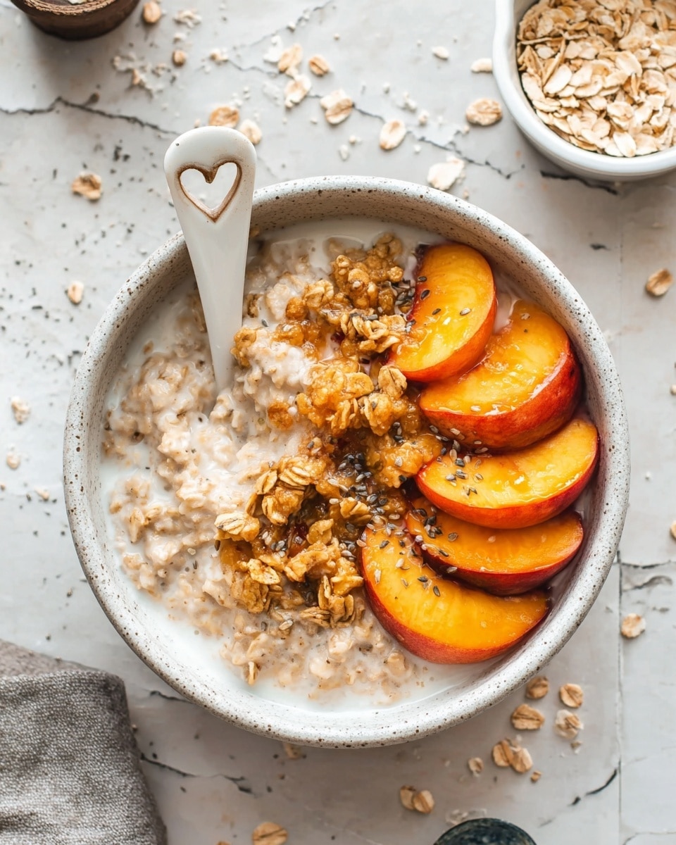A white bowl filled with creamy oatmeal as the base layer, with a soft and slightly thick texture, topped with several bright orange peach slices arranged on one side. Over the peaches, there is a layer of golden granola clusters containing oats and seeds, adding a crunchy texture. A white ceramic spoon with a heart-shaped cutout in the handle rests inside the bowl, partly covered by the oatmeal and toppings. The background shows a white marbled surface with scattered oat flakes and a small white bowl containing more seeds. Photo taken with an iphone --ar 4:5 --v 7