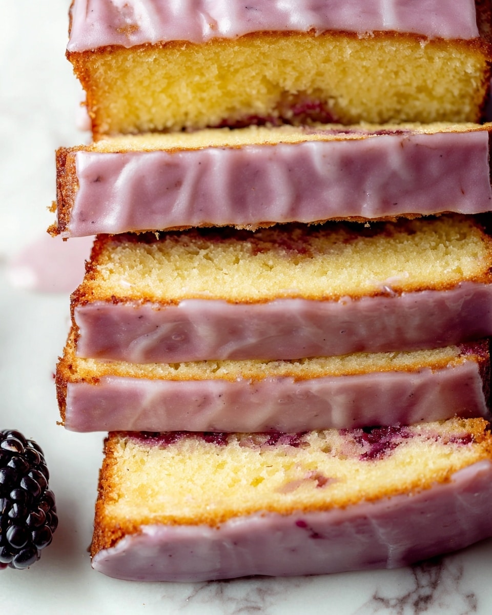 The image shows a stack of five slices of yellow cake with a smooth, pale purple glaze on top. Each slice has a thick layer of shiny glaze that covers the entire top surface and slightly drips down the sides. The cake looks soft and moist with a little marbled red filling inside the bottom slice. The slices are neatly piled on a white marbled surface. A small blackberry is visible near the bottom left corner. photo taken with an iphone --ar 4:5 --v 7