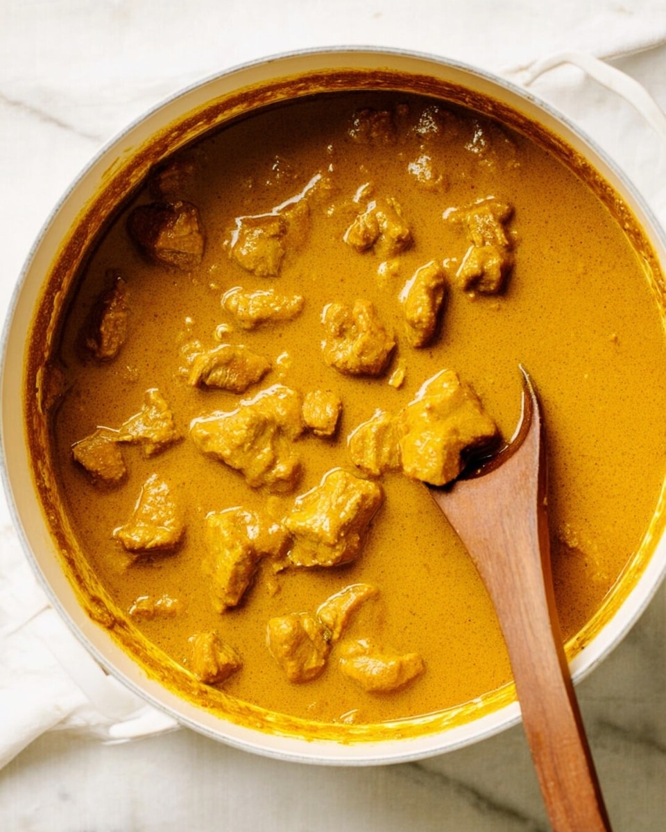 The image shows a white pot filled with thick yellow-brown curry sauce mixed with pieces of meat. The sauce is smooth and glossy, covering the meat chunks evenly. A wooden spoon rests inside, slightly lifting the sauce, showing its creamy texture. The pot sits on a white marbled surface, with some sauce drips around the edges. photo taken with an iphone --ar 4:5 --v 7